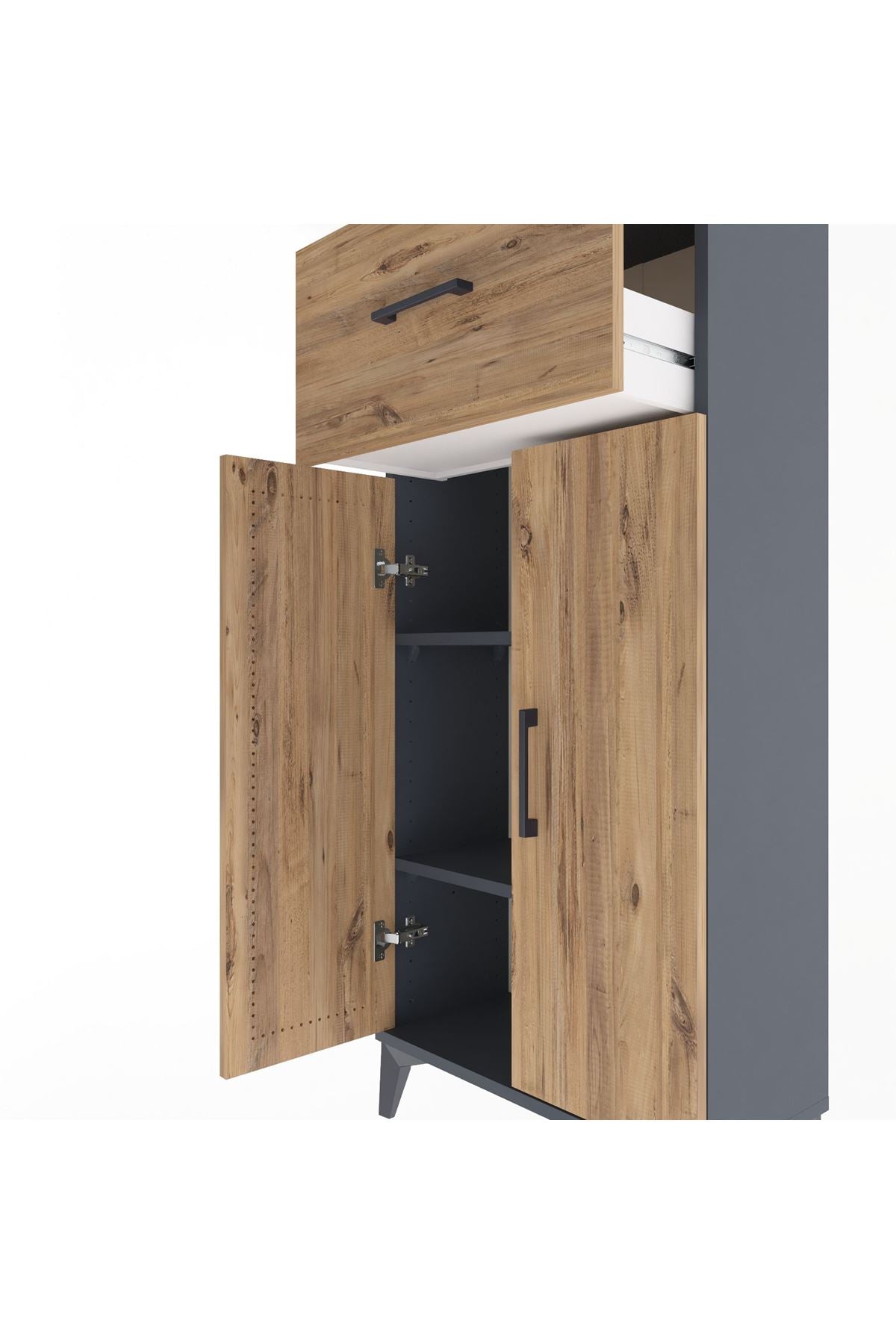 Arges Dolap 2 Raflı Tek Çekmeceli 2 Kapaklı 60x30x134 Antrasit-Çam