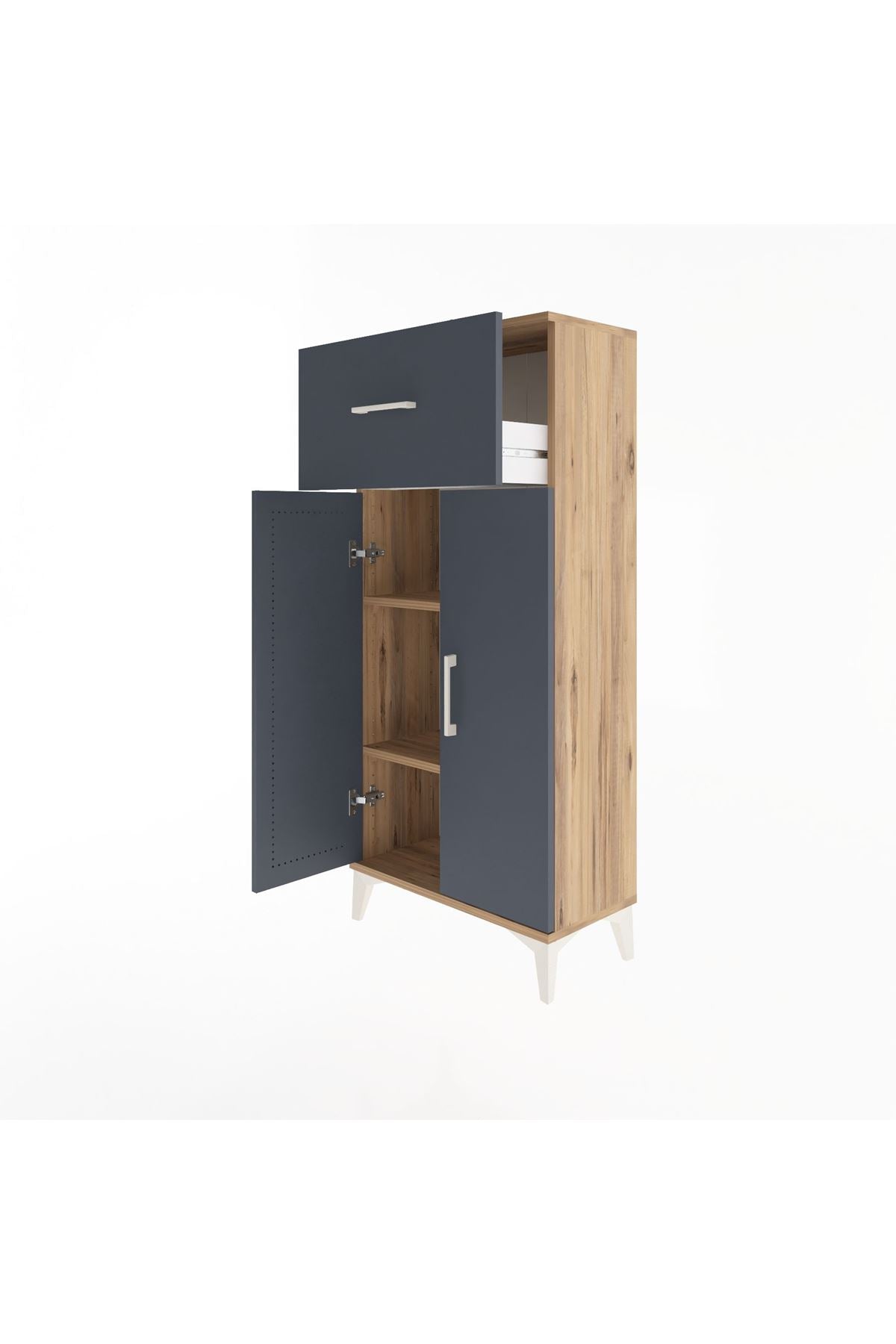Arges Dolap 2 Raflı Tek Çekmeceli 2 Kapaklı 60x30x134 Çam-Antrasit