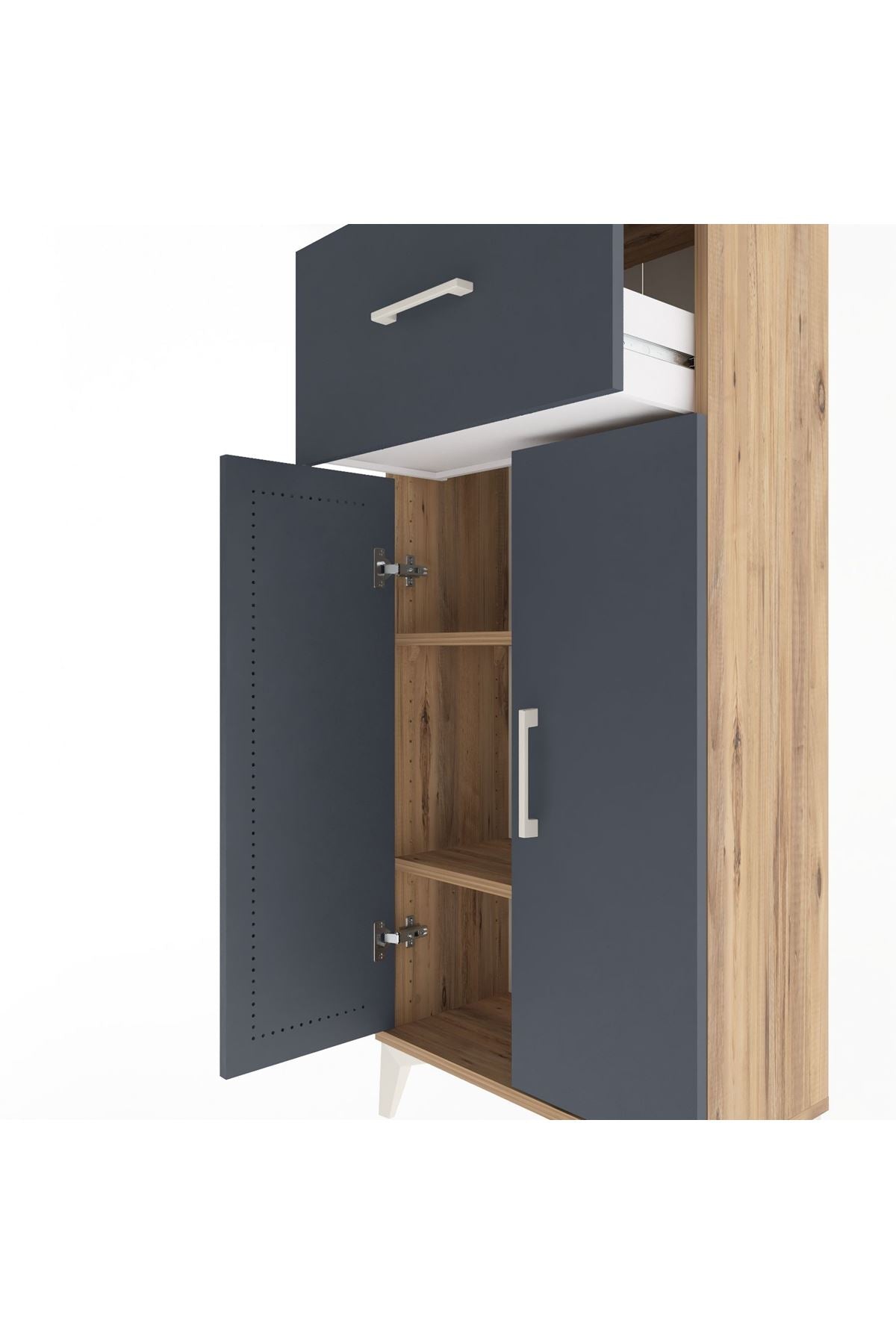 Arges Dolap 2 Raflı Tek Çekmeceli 2 Kapaklı 60x30x134 Çam-Antrasit