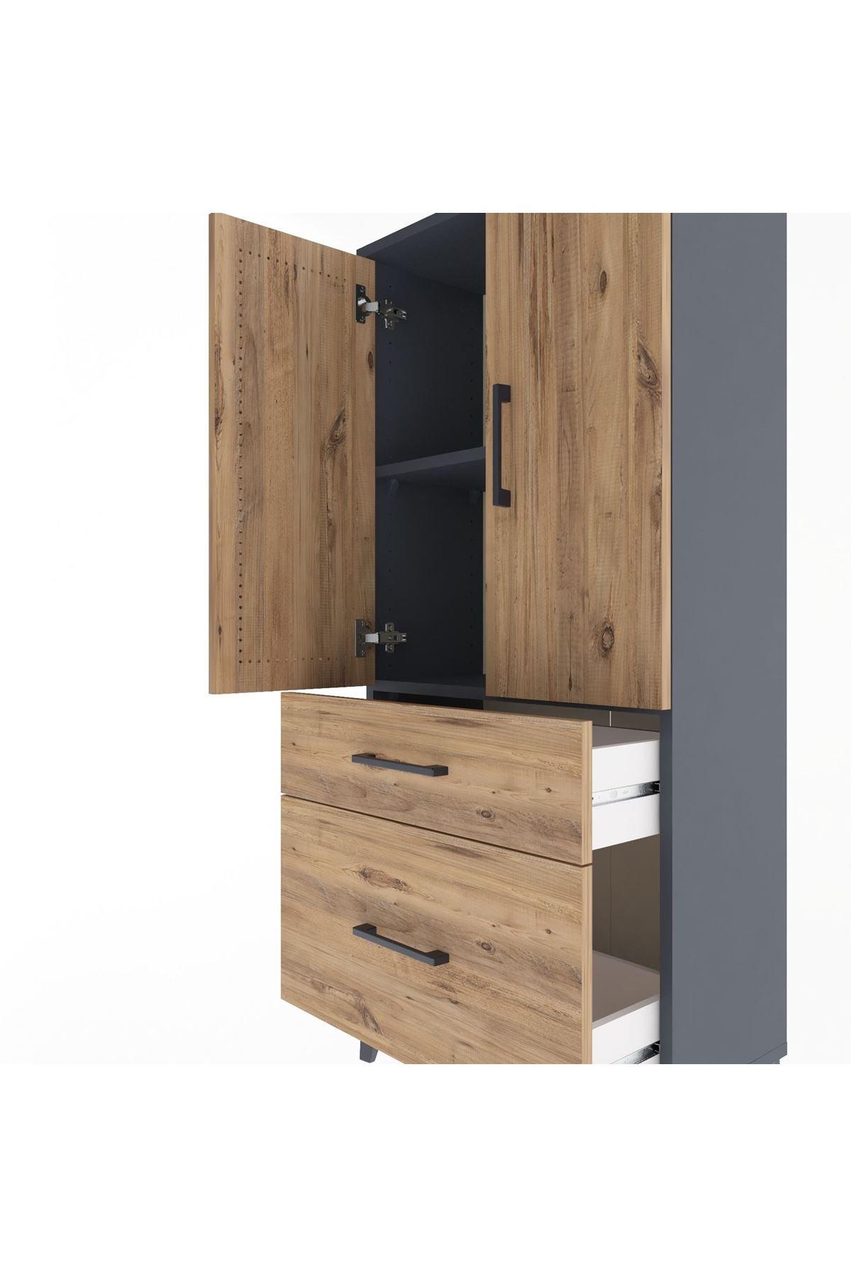 Arges Dolap 2 Raflı 2 Çekmeceli 2 Kapaklı 60x30x134 Antrasit-Çam