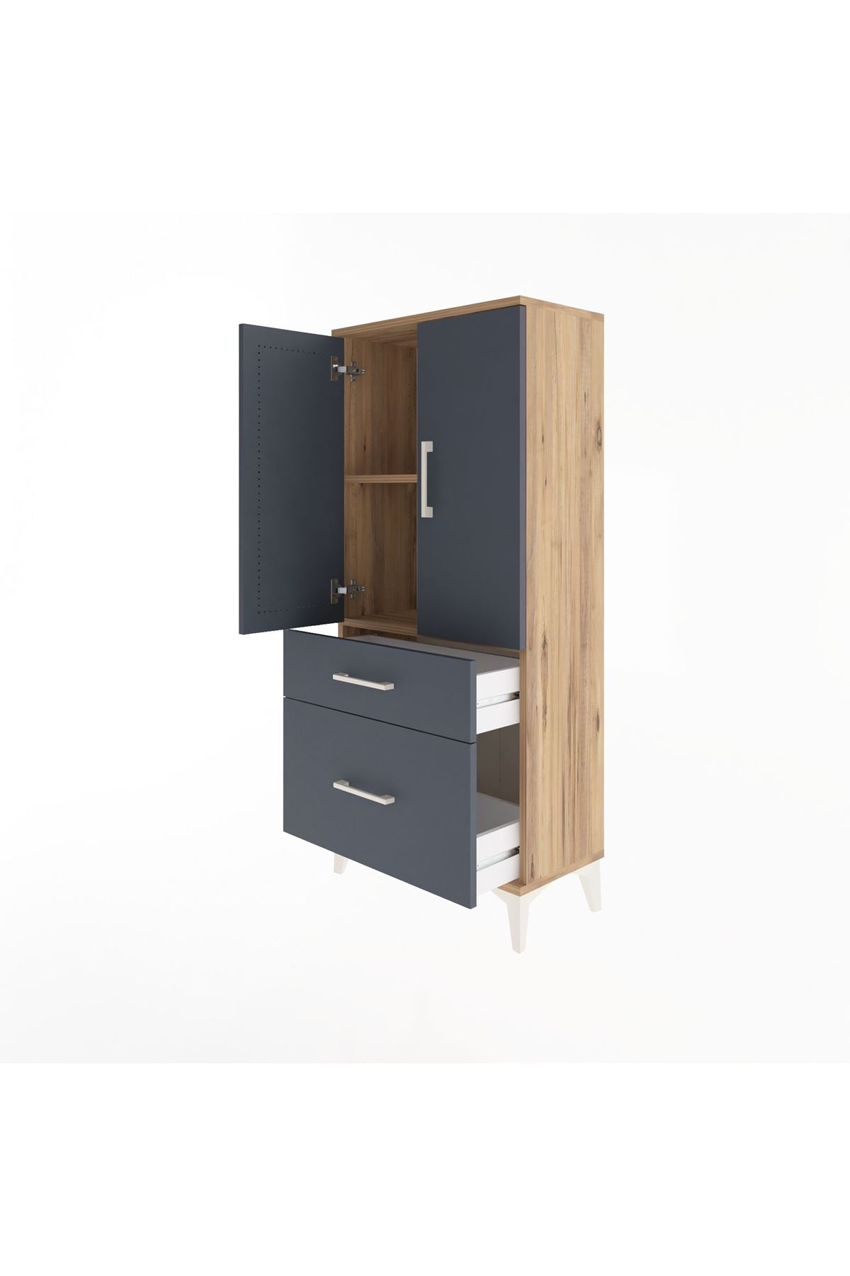 Arges Dolap 2 Raflı 2 Çekmeceli 2 Kapaklı 60x30x134 Çam-Antrasit
