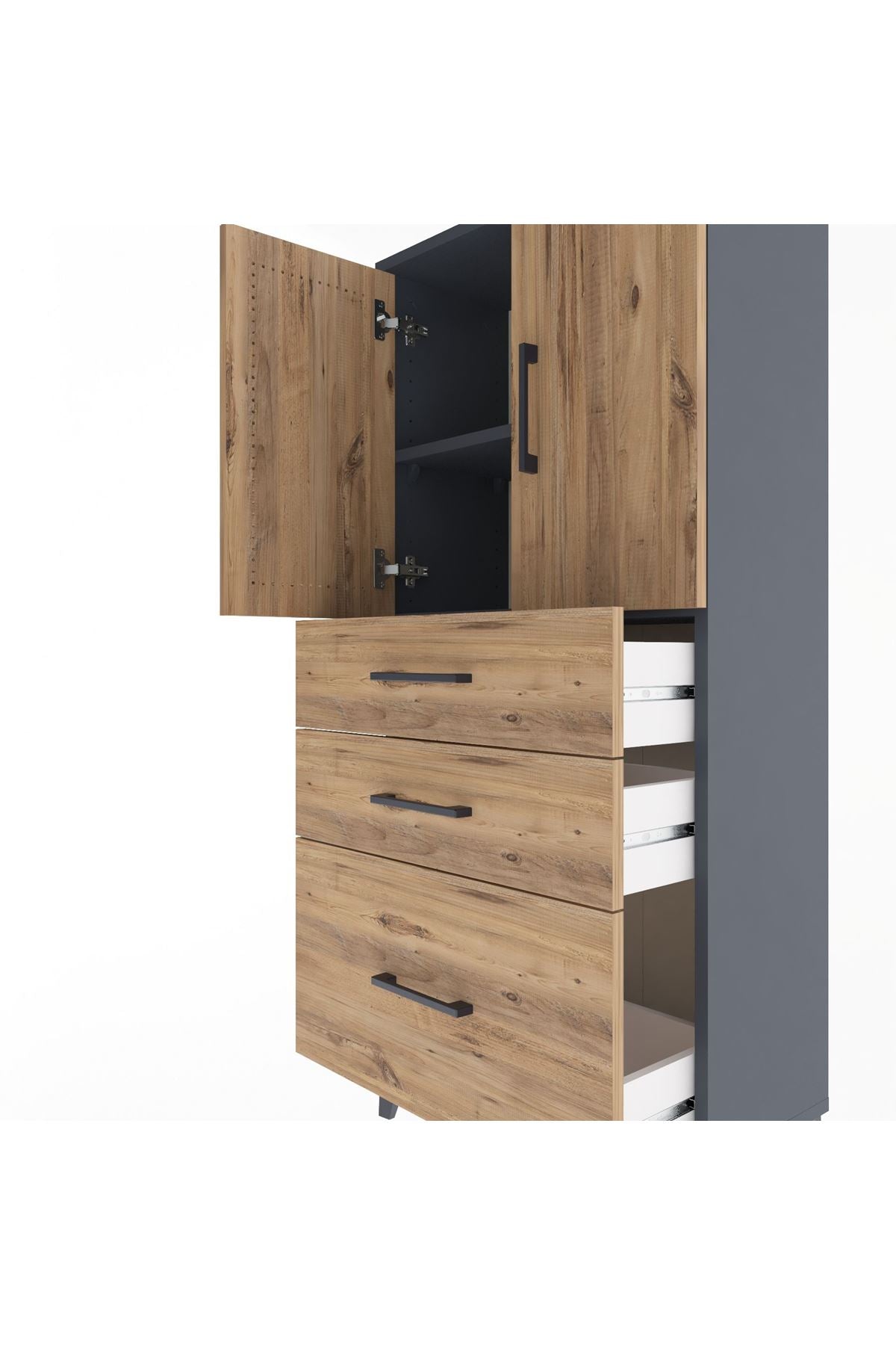 Arges Dolap 2 Raflı 3 Çekmeceli 2 Kapaklı 60x30x134 Antrasit-Çam