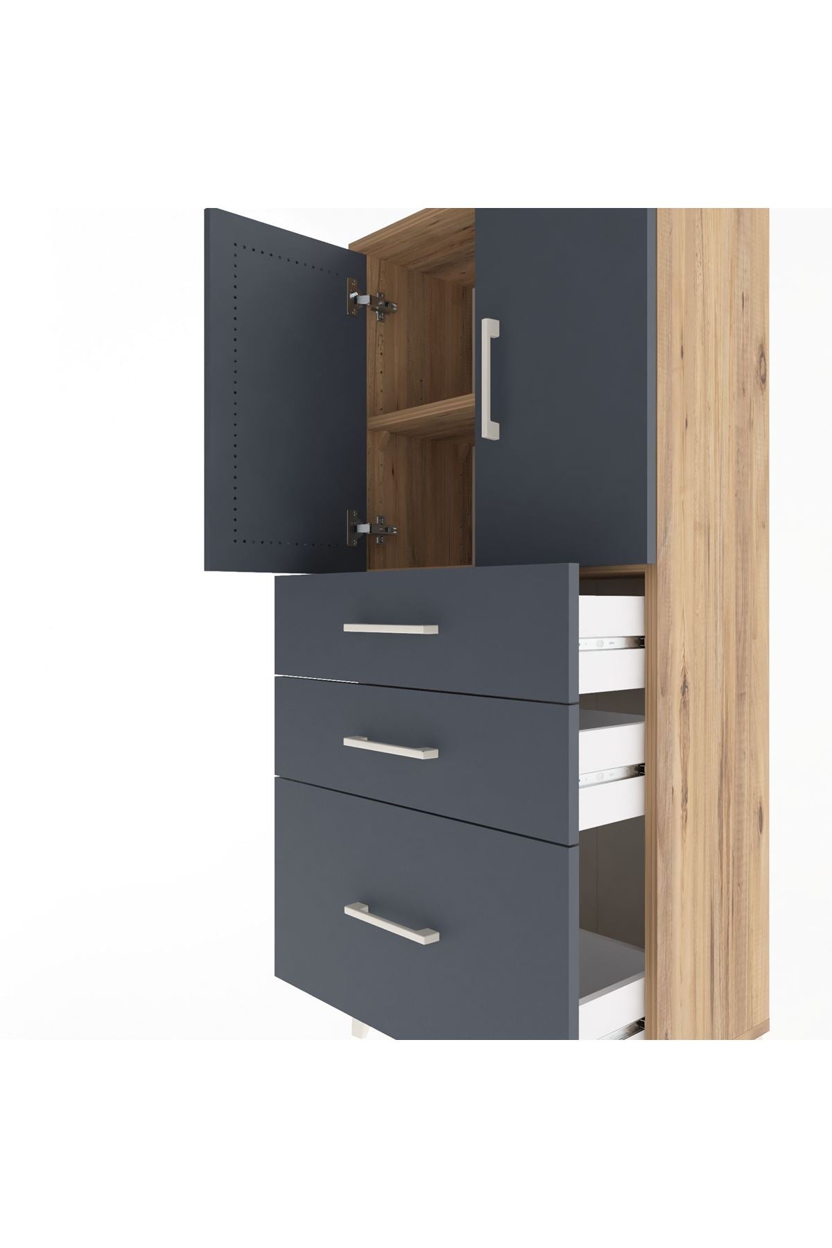 Arges Dolap 2 Raflı 3 Çekmeceli 2 Kapaklı 60x30x134 Çam-Antrasit