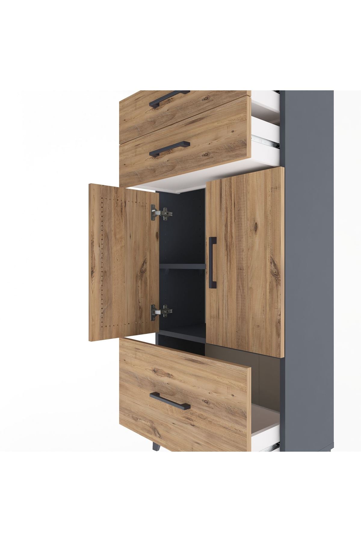 Arges Dolap 2 Raflı 3 Çekmeceli 2 Kapaklı 60x30x134 Antrasit-Çam