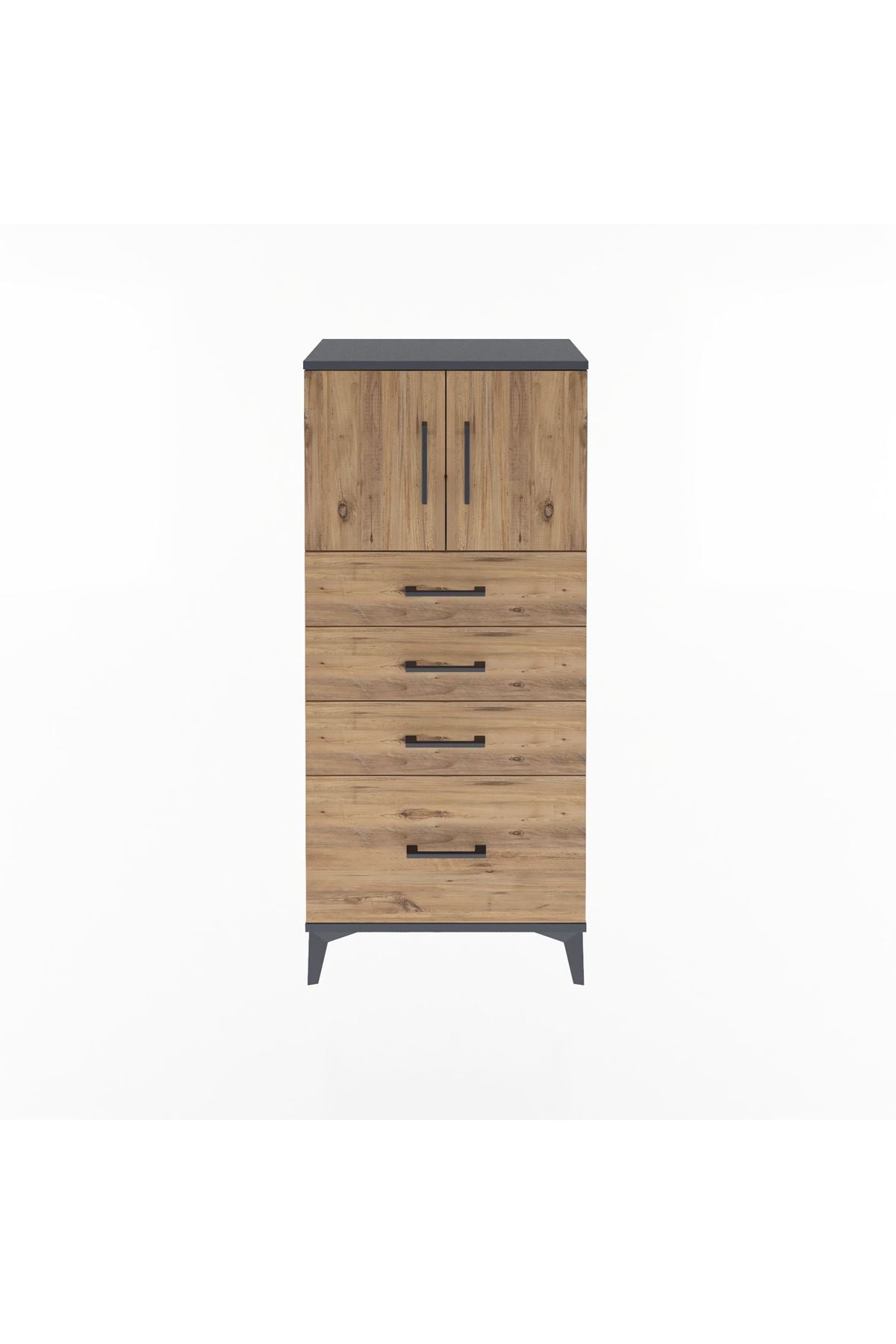 Arges Dolap Tek Raflı 4 Çekmeceli 2 Kapaklı 60x30x134 Antrasit-Çam