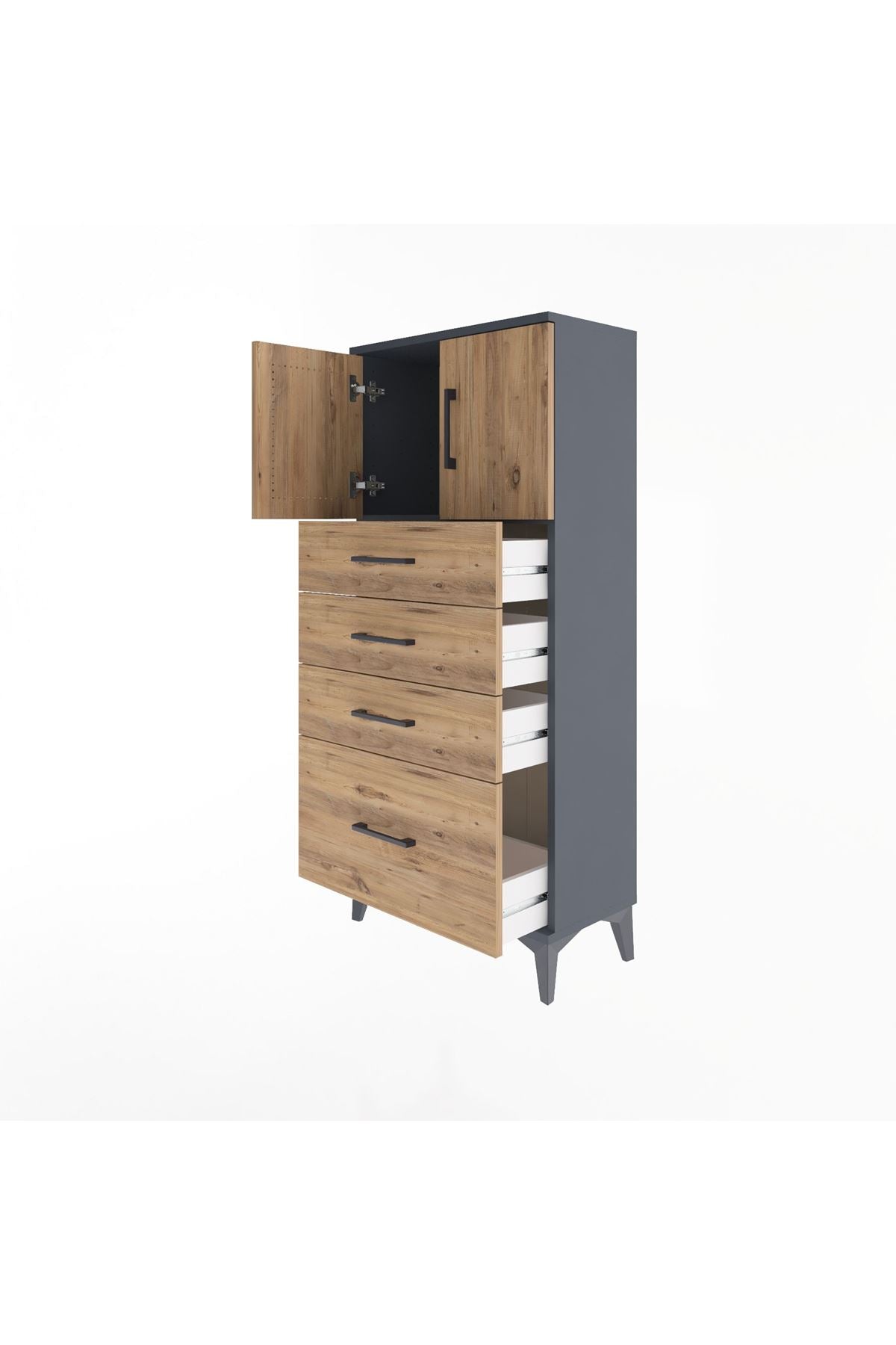 Arges Dolap Tek Raflı 4 Çekmeceli 2 Kapaklı 60x30x134 Antrasit-Çam