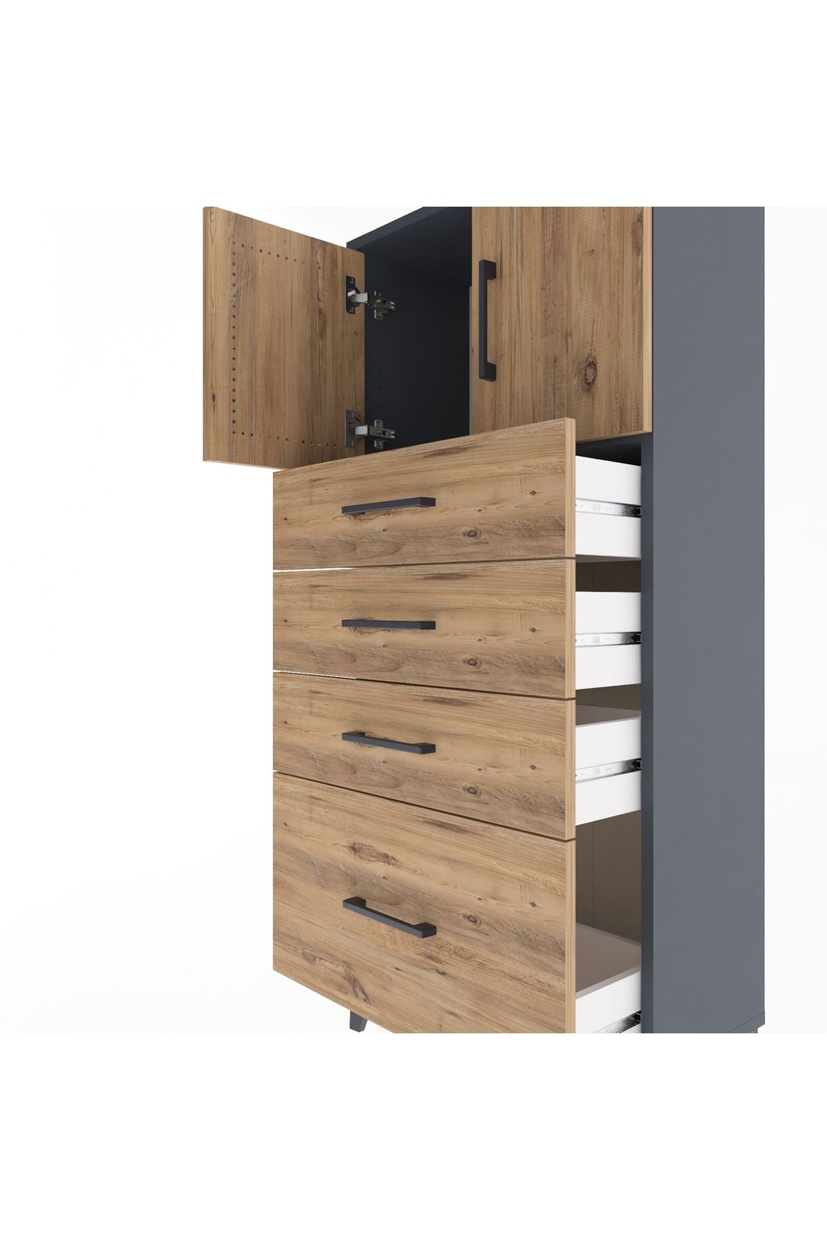 Arges Dolap Tek Raflı 4 Çekmeceli 2 Kapaklı 60x30x134 Antrasit-Çam