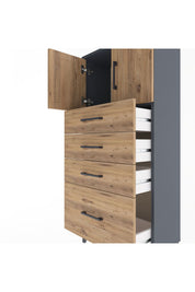 Arges Dolap Tek Raflı 4 Çekmeceli 2 Kapaklı 60x30x134 Antrasit-Çam