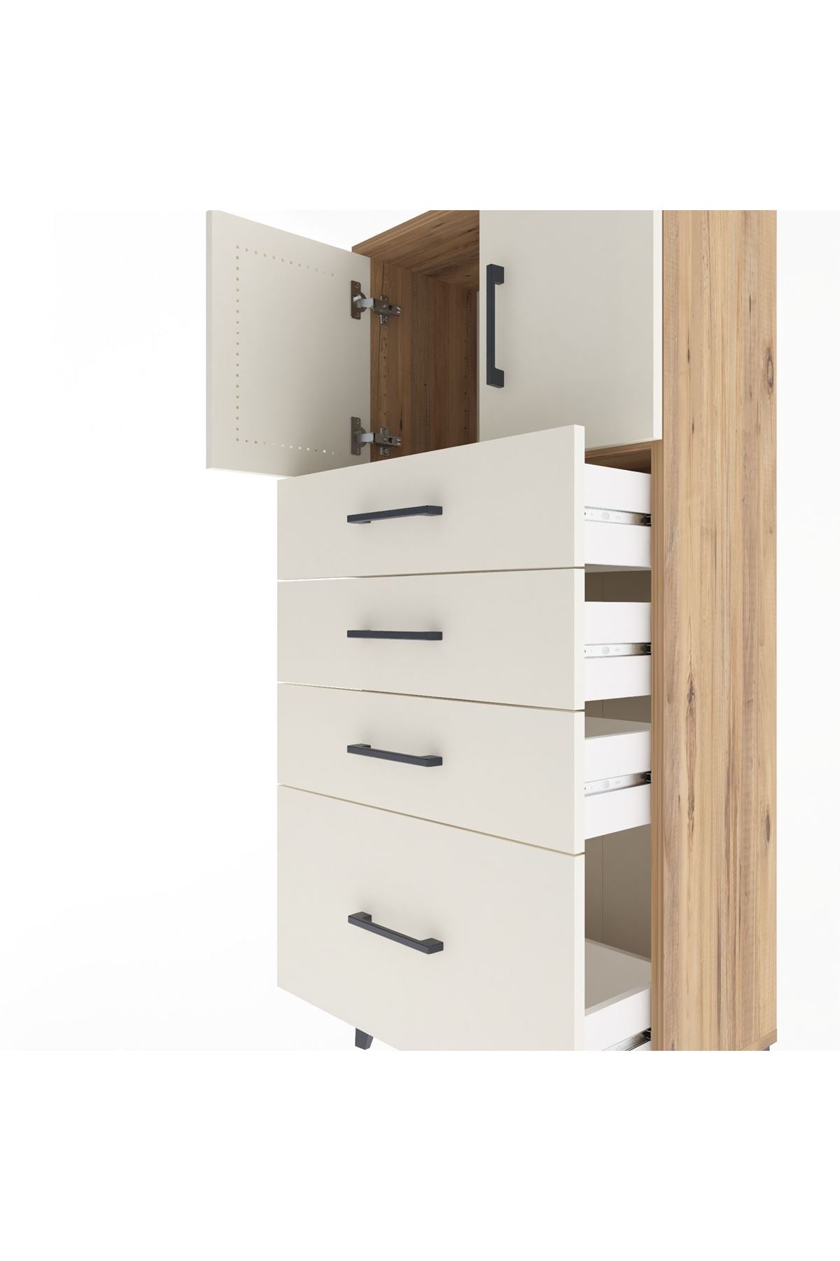 Arges Dolap Tek Raflı 4 Çekmeceli 2 Kapaklı 60x30x134 Çam-Aytaşı