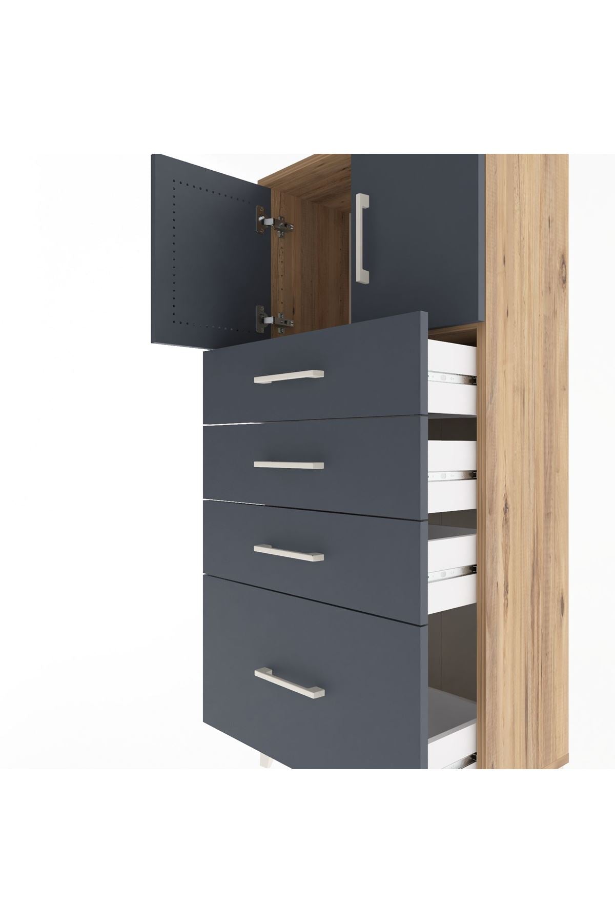 Arges Dolap Tek Raflı 4 Çekmeceli 2 Kapaklı 60x30x134 Çam-Antrasit