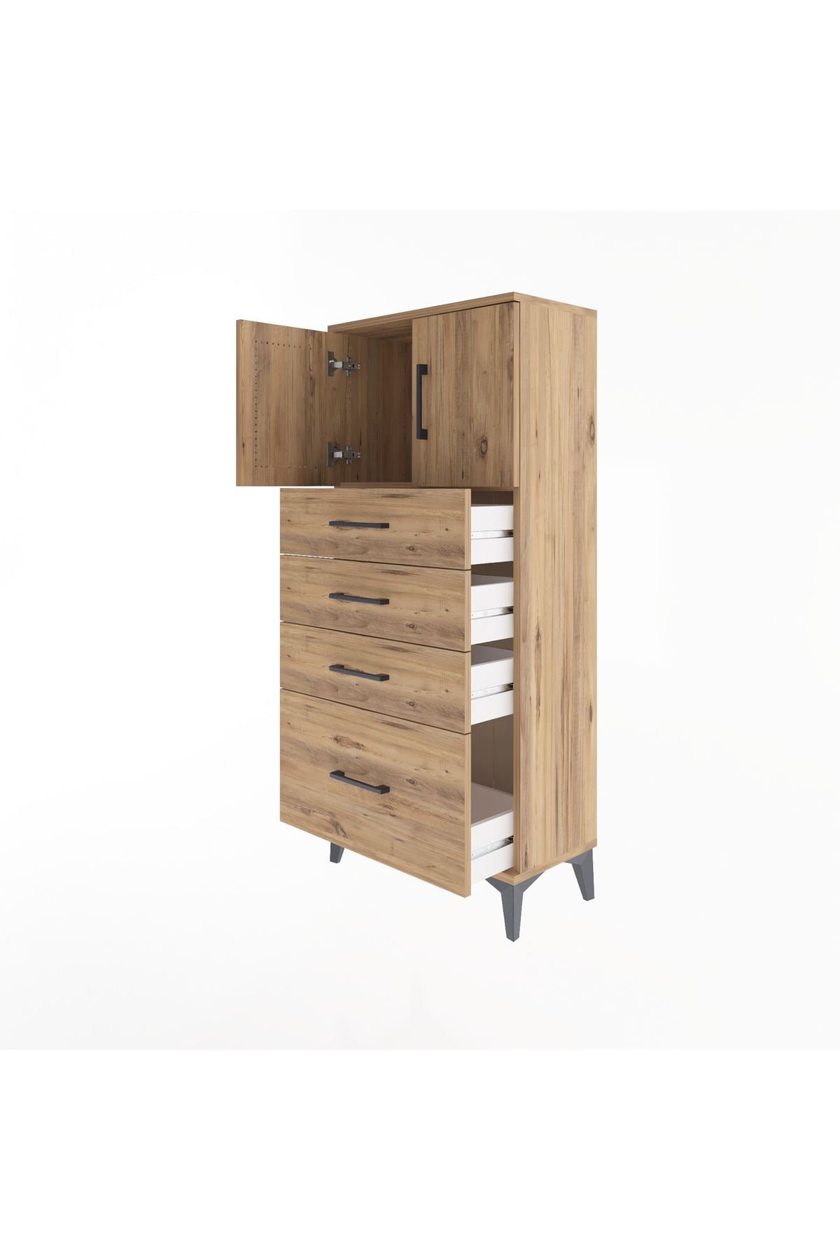 Arges Dolap Tek Raflı 4 Çekmeceli 2 Kapaklı 60x30x134 Çam-Çam