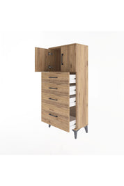 Arges Dolap Tek Raflı 4 Çekmeceli 2 Kapaklı 60x30x134 Çam-Çam