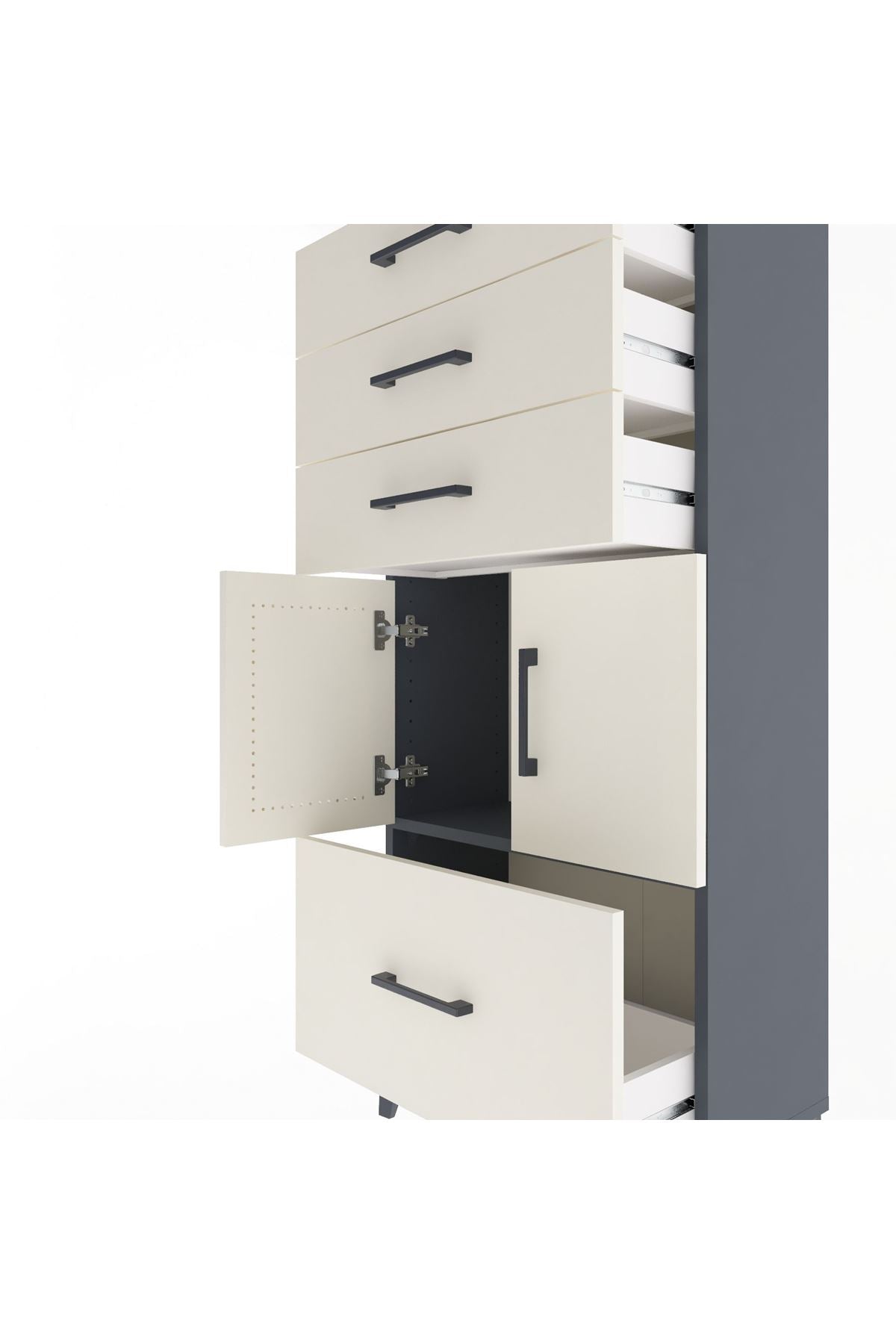 Arges Dolap Tek Raflı 4 Çekmeceli 2 Kapaklı 60x30x134 Antrasit-Aytaşı