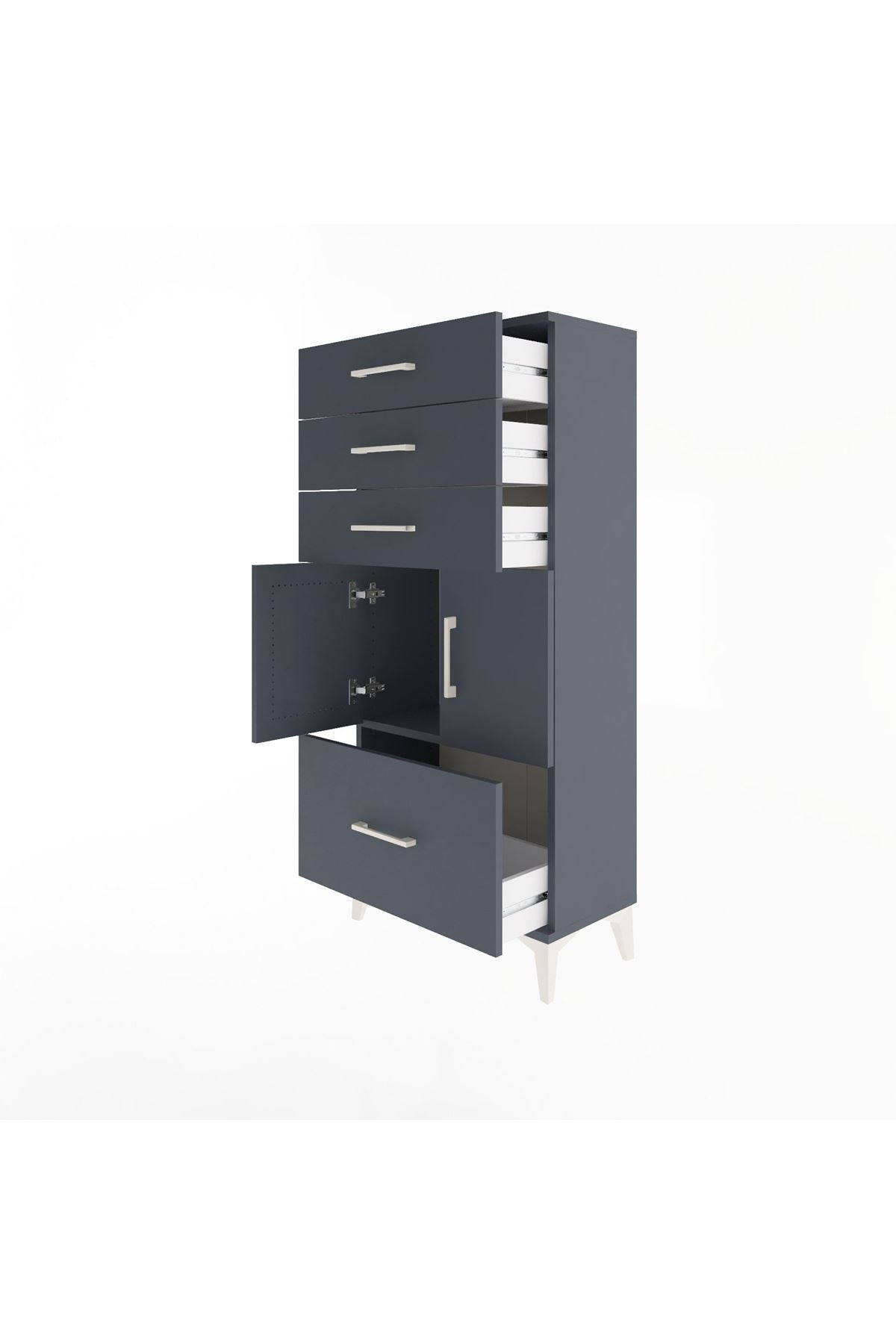 Arges Dolap Tek Raflı 4 Çekmeceli 2 Kapaklı 60x30x134 Antrasit-Antrasit