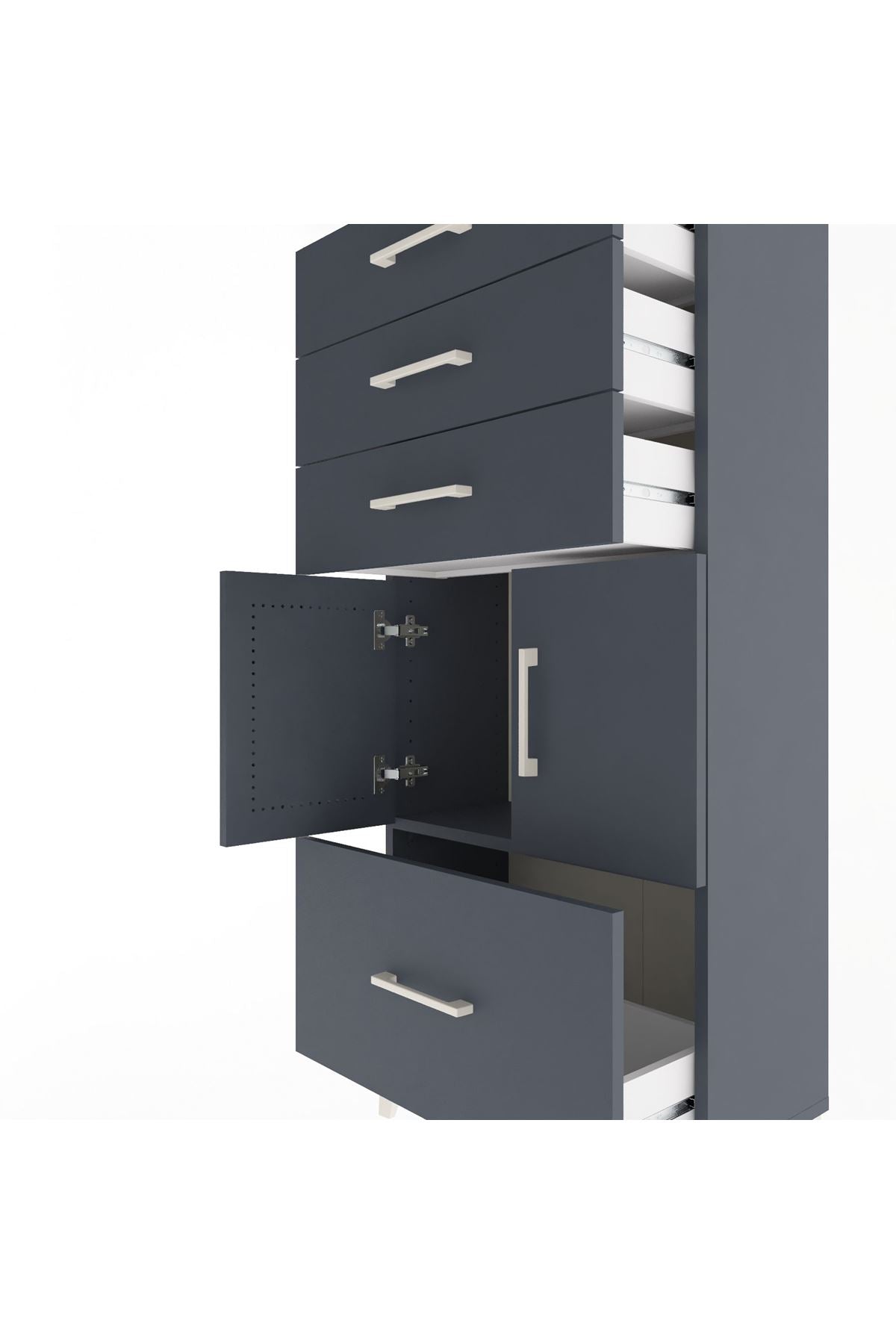 Arges Dolap Tek Raflı 4 Çekmeceli 2 Kapaklı 60x30x134 Antrasit-Antrasit