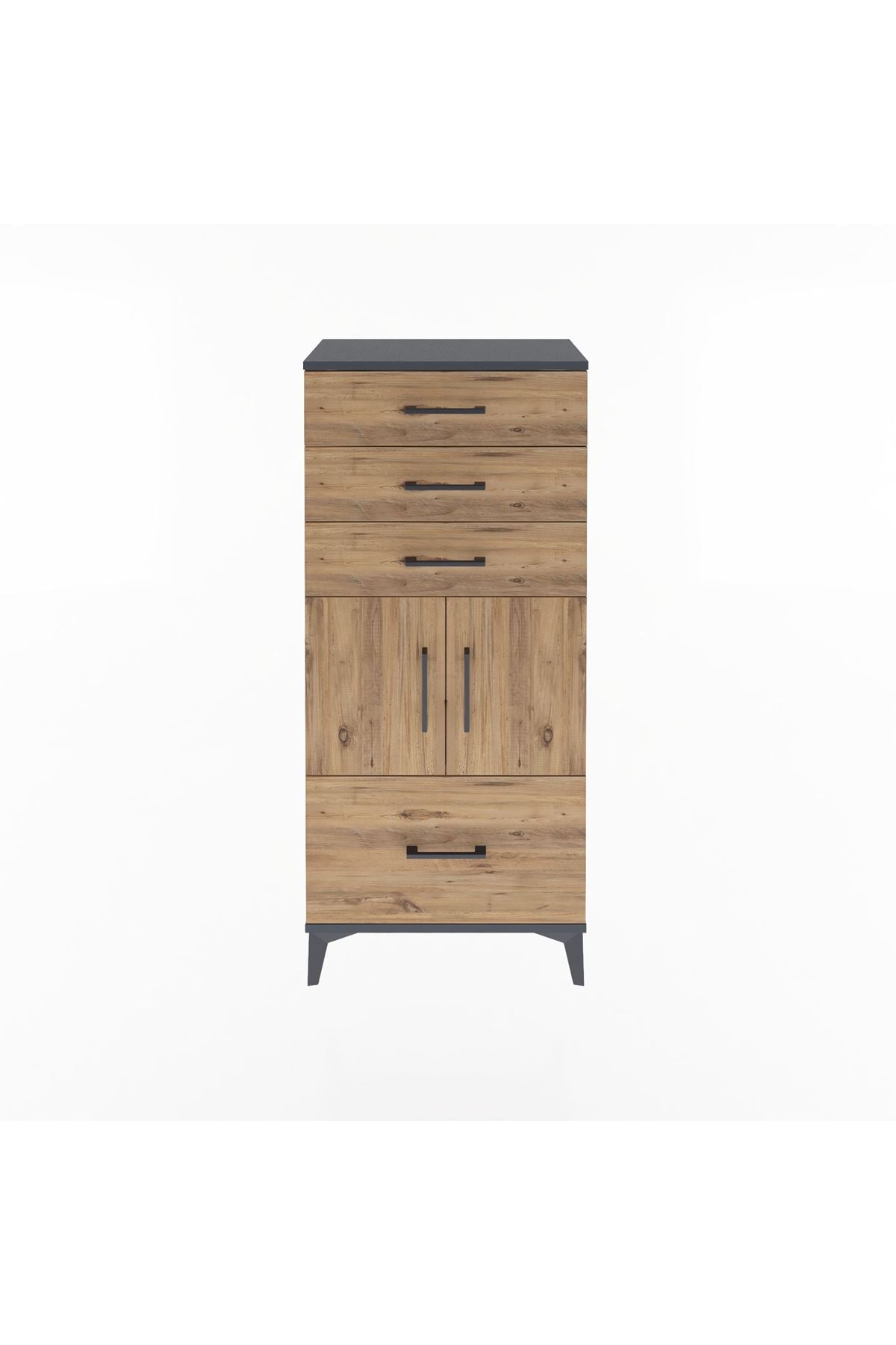 Arges Dolap Tek Raflı 4 Çekmeceli 2 Kapaklı 60x30x134 Antrasit-Çam