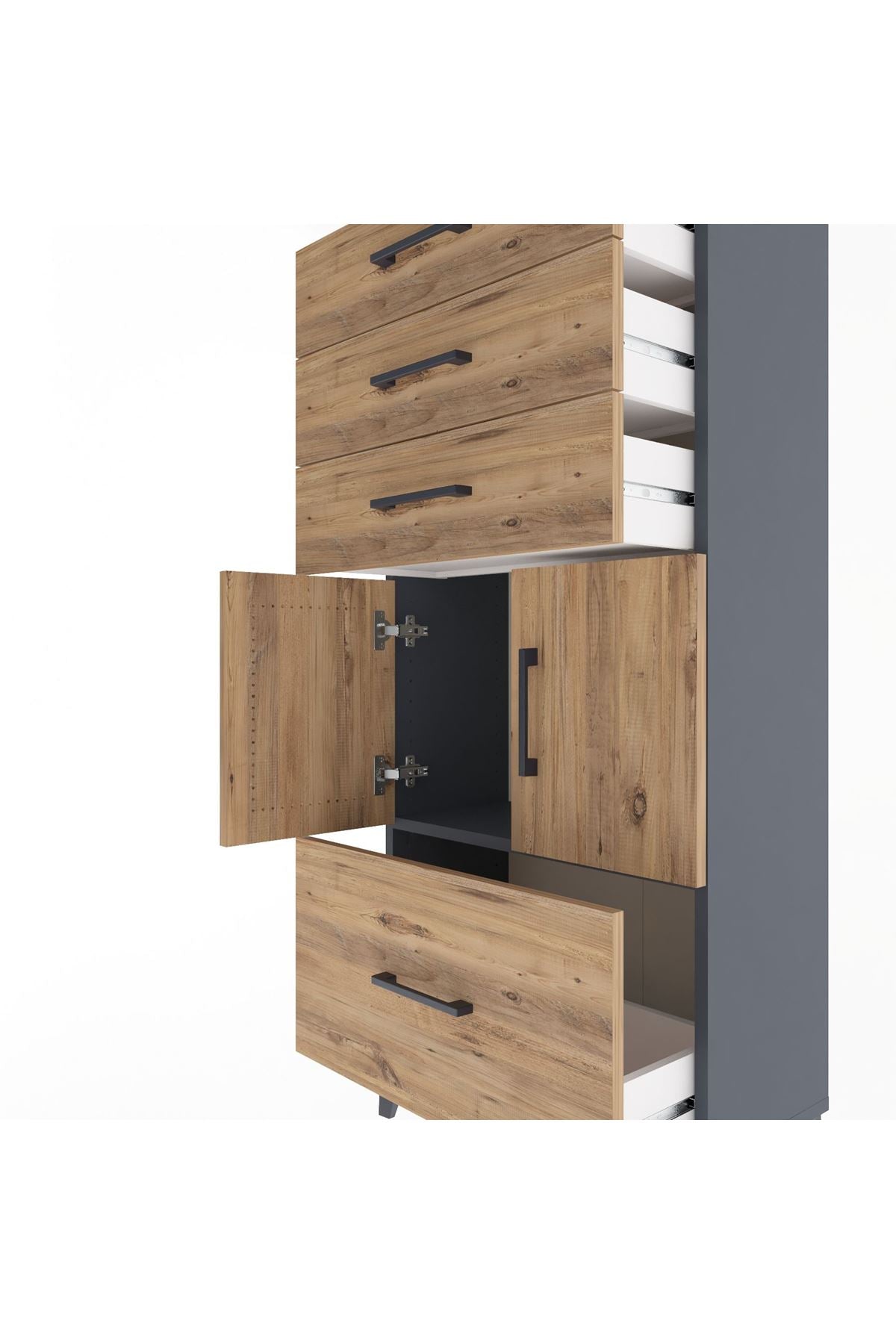 Arges Dolap Tek Raflı 4 Çekmeceli 2 Kapaklı 60x30x134 Antrasit-Çam