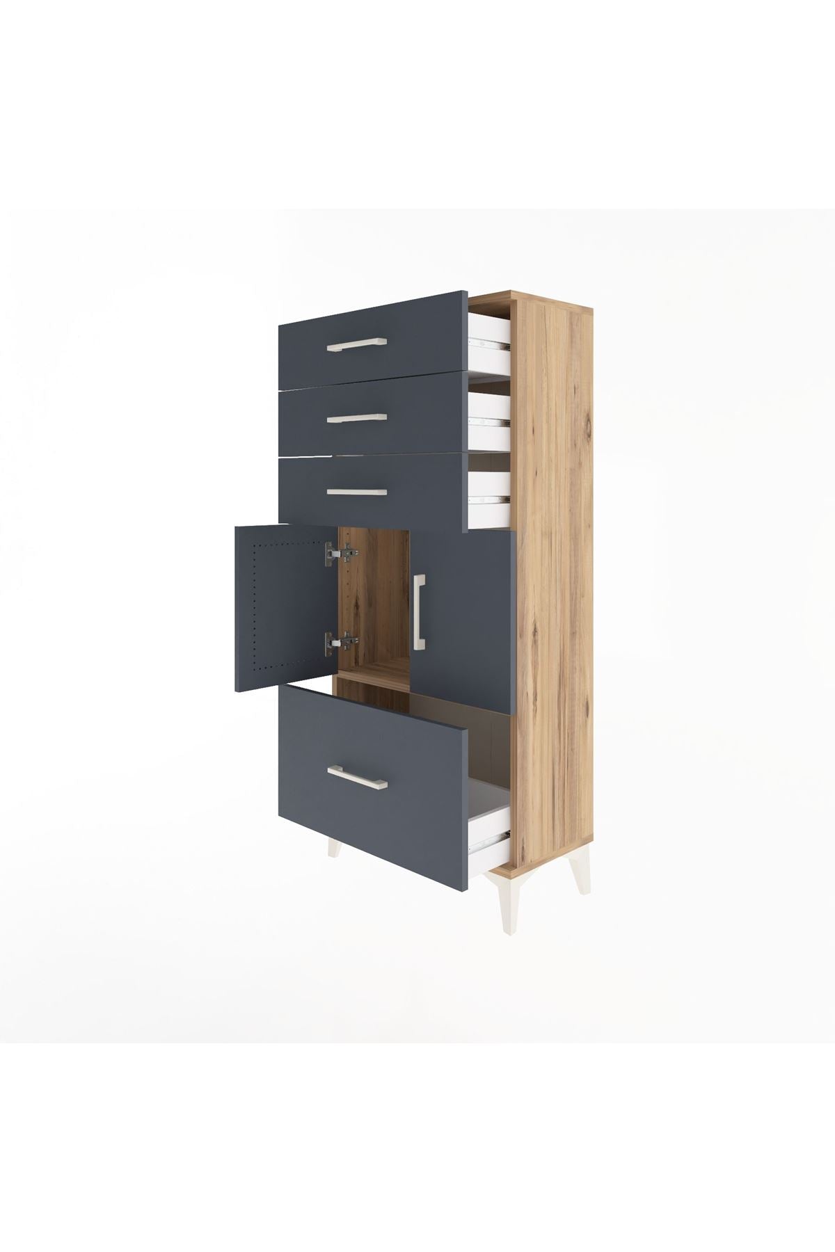 Arges Dolap Tek Raflı 4 Çekmeceli 2 Kapaklı 60x30x134 Çam-Antrasit