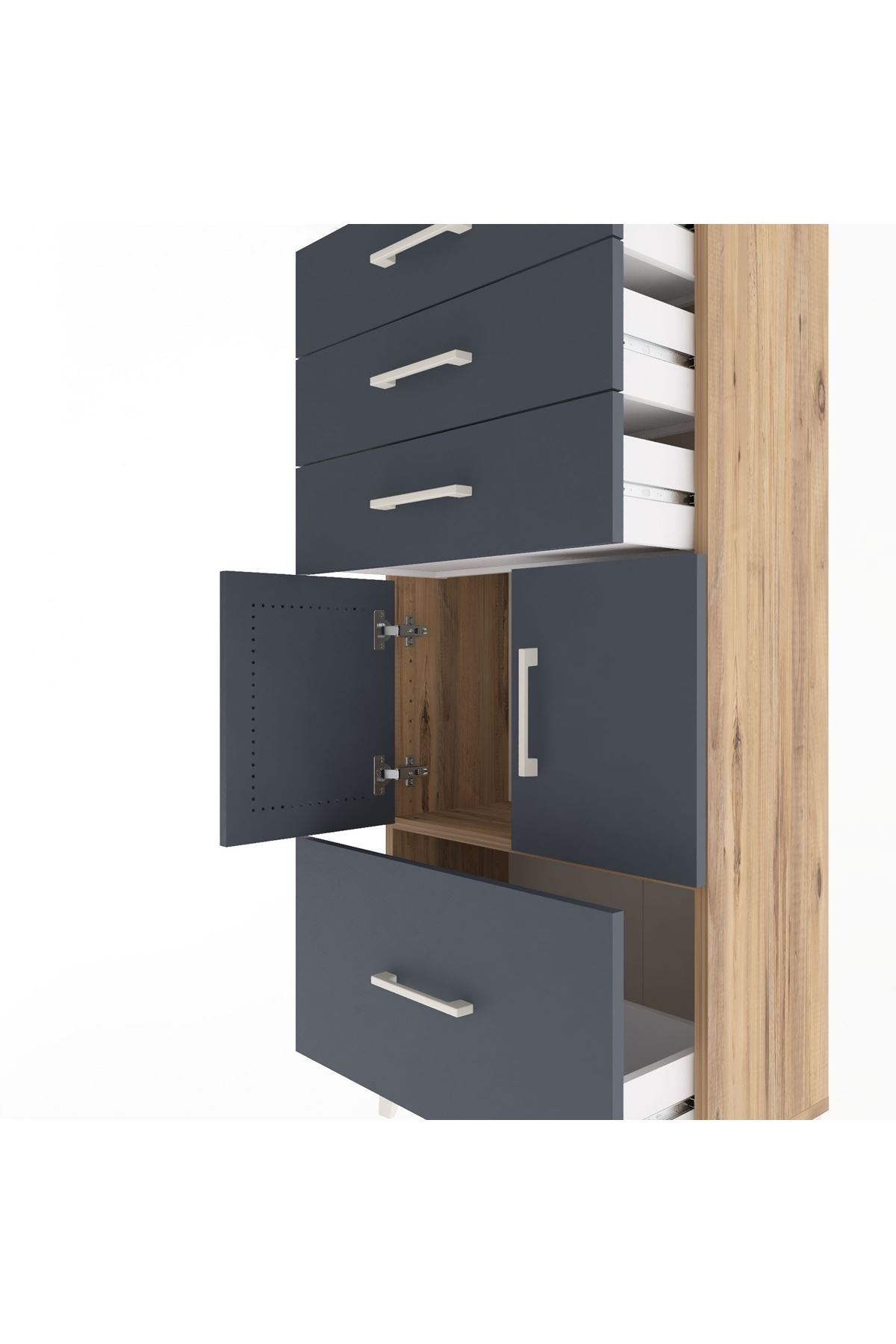 Arges Dolap Tek Raflı 4 Çekmeceli 2 Kapaklı 60x30x134 Çam-Antrasit