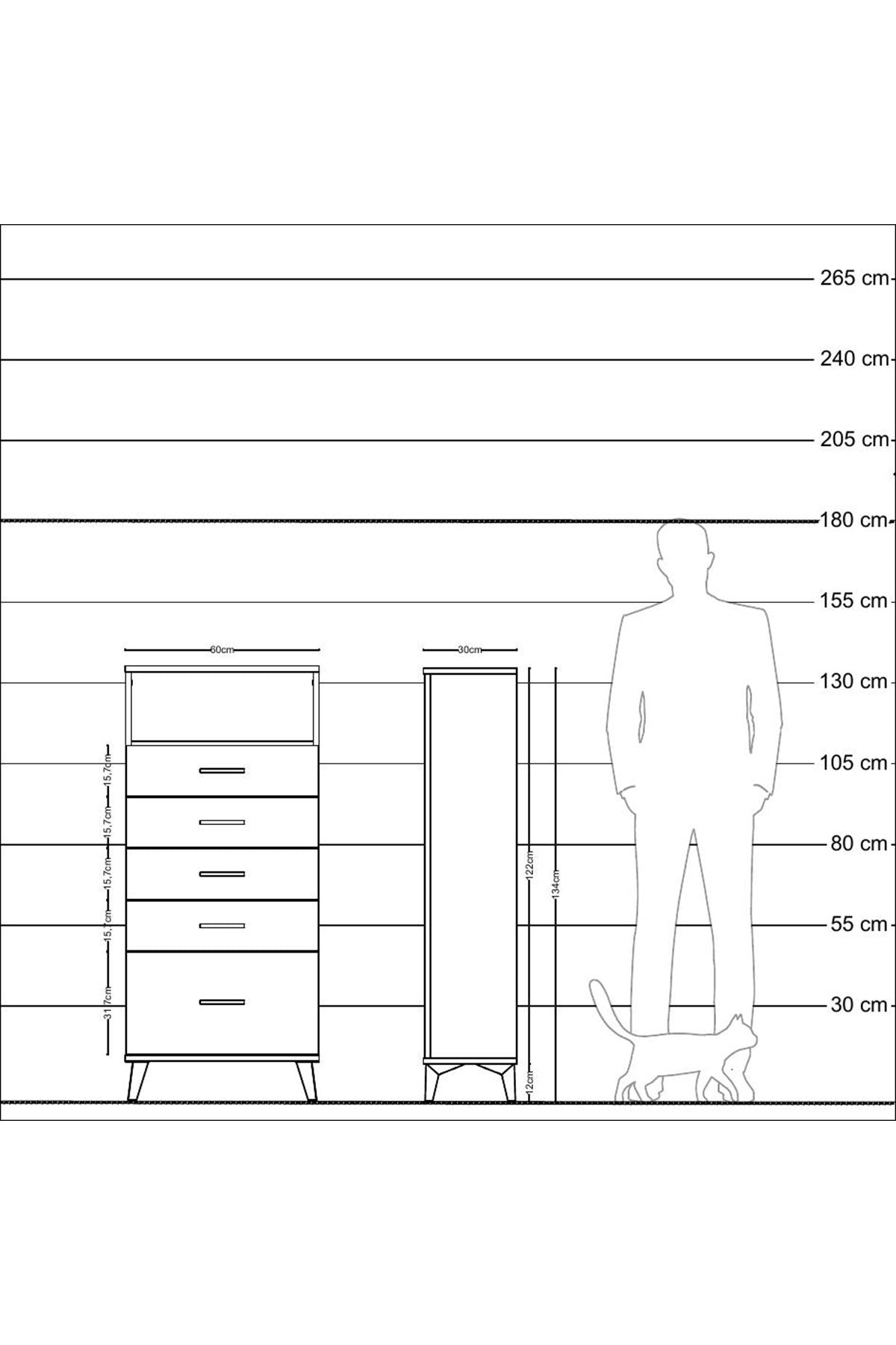 Arges Dolap Tek Raflı 5 Çekmeceli 60x30x134 Çam-Aytaşı