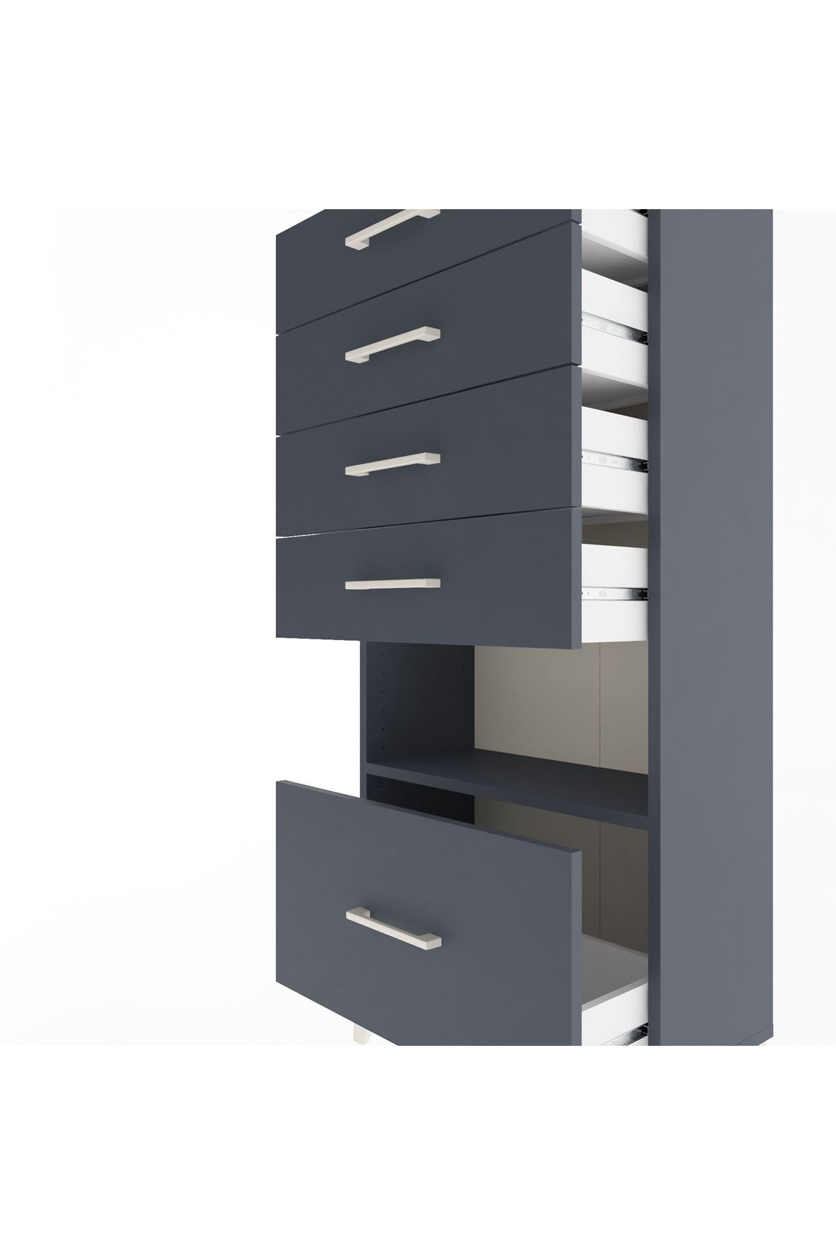 Arges Dolap Tek Raflı 5 Çekmeceli 60x30x134 Antrasit-Antrasit