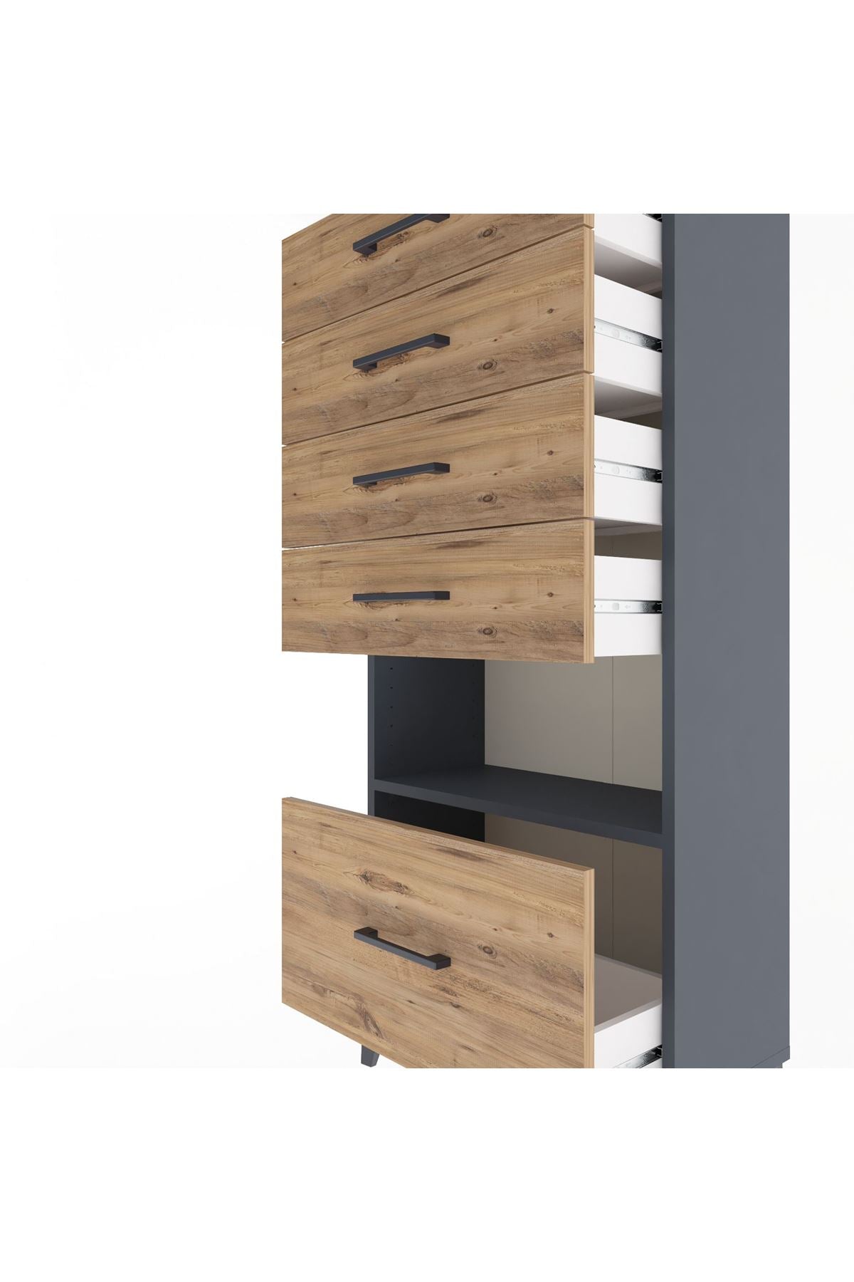 Arges Dolap Tek Raflı 5 Çekmeceli 60x30x134 Antrasit-Çam