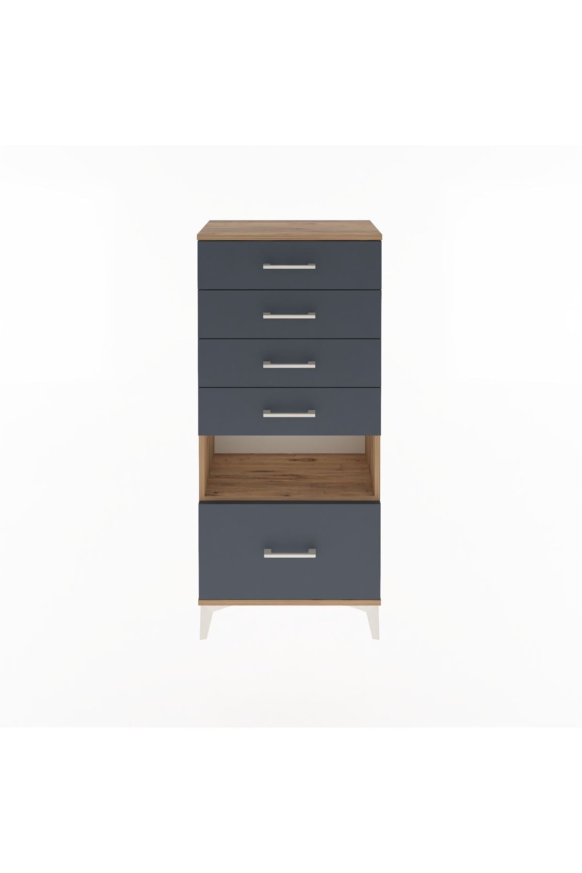 Arges Dolap Tek Raflı 5 Çekmeceli 60x30x134 Çam-Antrasit