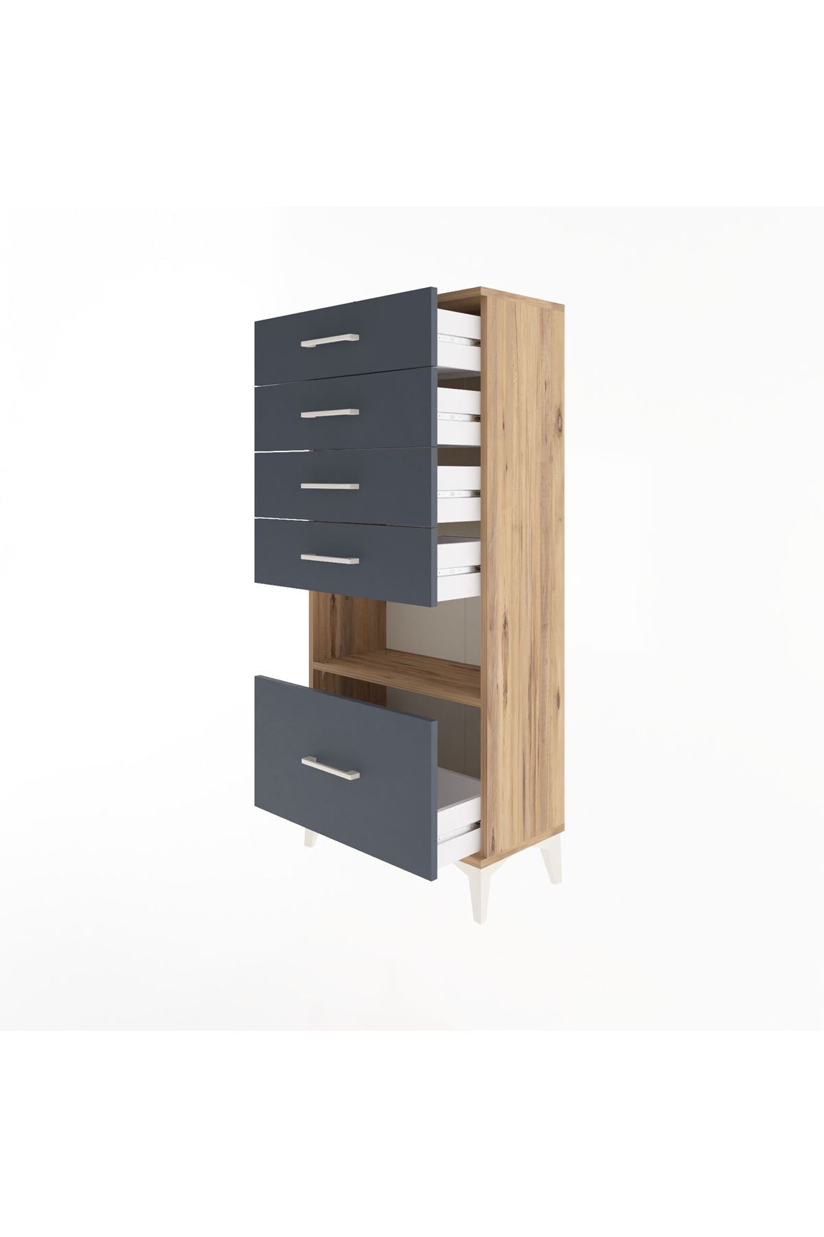 Arges Dolap Tek Raflı 5 Çekmeceli 60x30x134 Çam-Antrasit