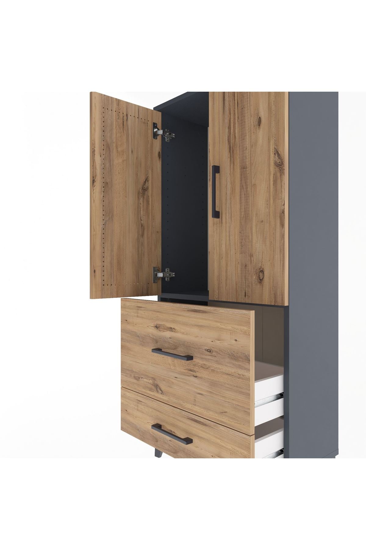 Arges Dolap Tek Raflı 2 Çekmeceli 2 Kapaklı 60x30x134 Antrasit-Çam