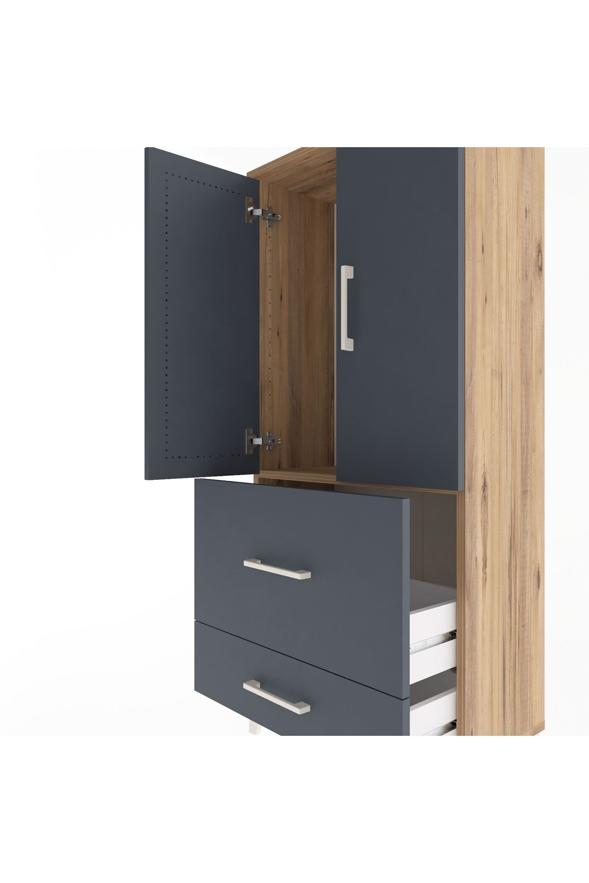 Arges Dolap Tek Raflı 2 Çekmeceli 2 Kapaklı 60x30x134 Çam-Antrasit