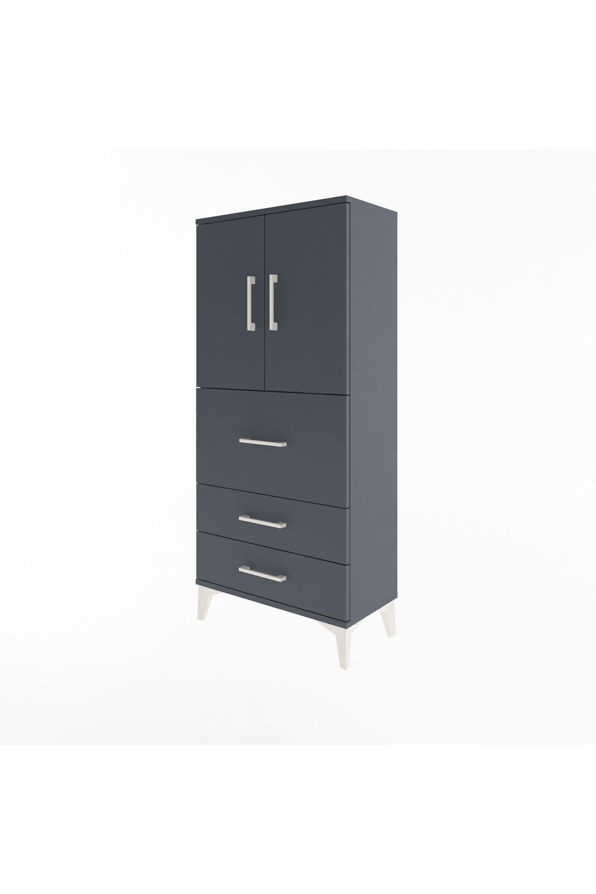 Arges Dolap Tek Raflı 3 Çekmeceli 2 Kapaklı 60x30x134 Antrasit-Antrasit