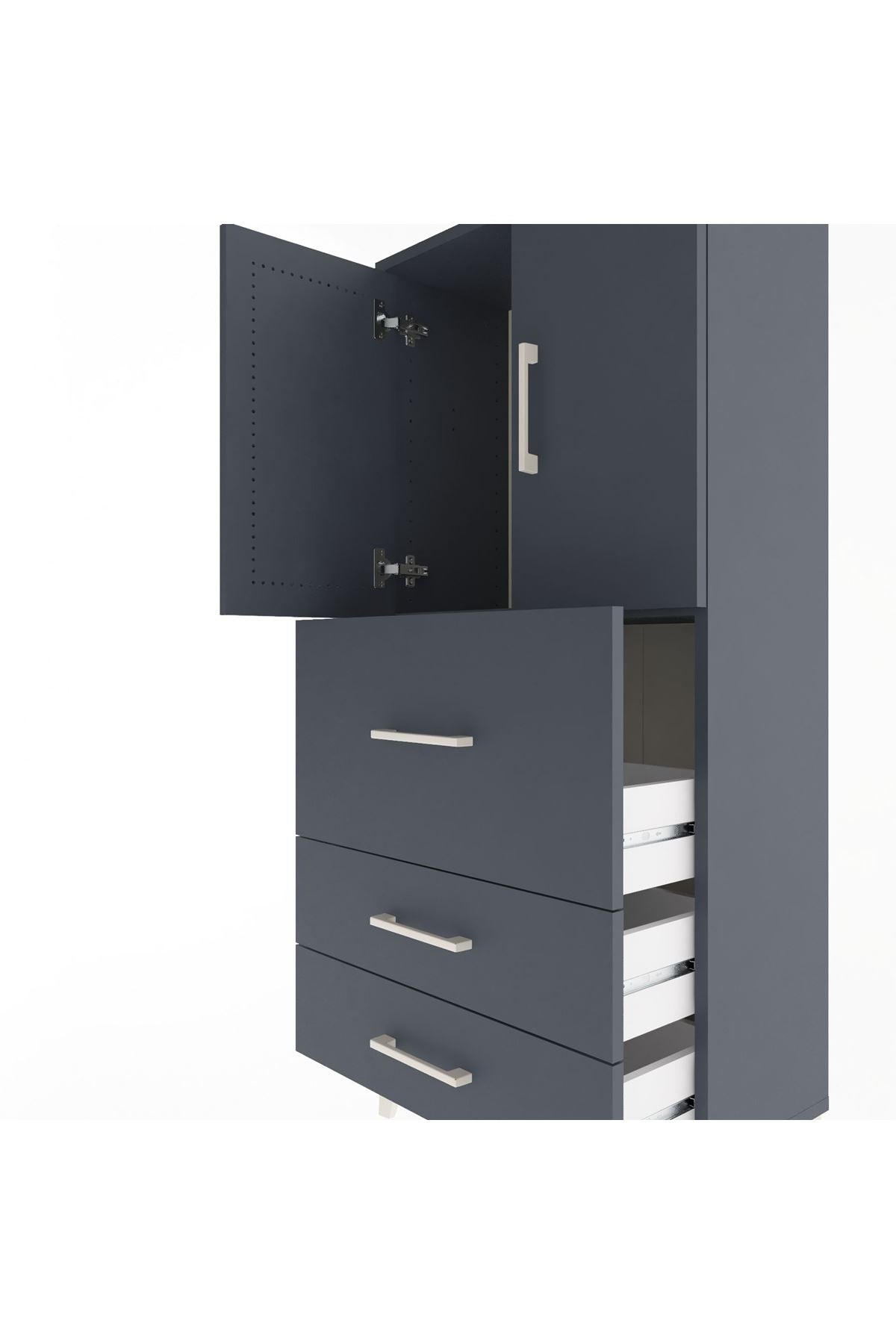 Arges Dolap Tek Raflı 3 Çekmeceli 2 Kapaklı 60x30x134 Antrasit-Antrasit