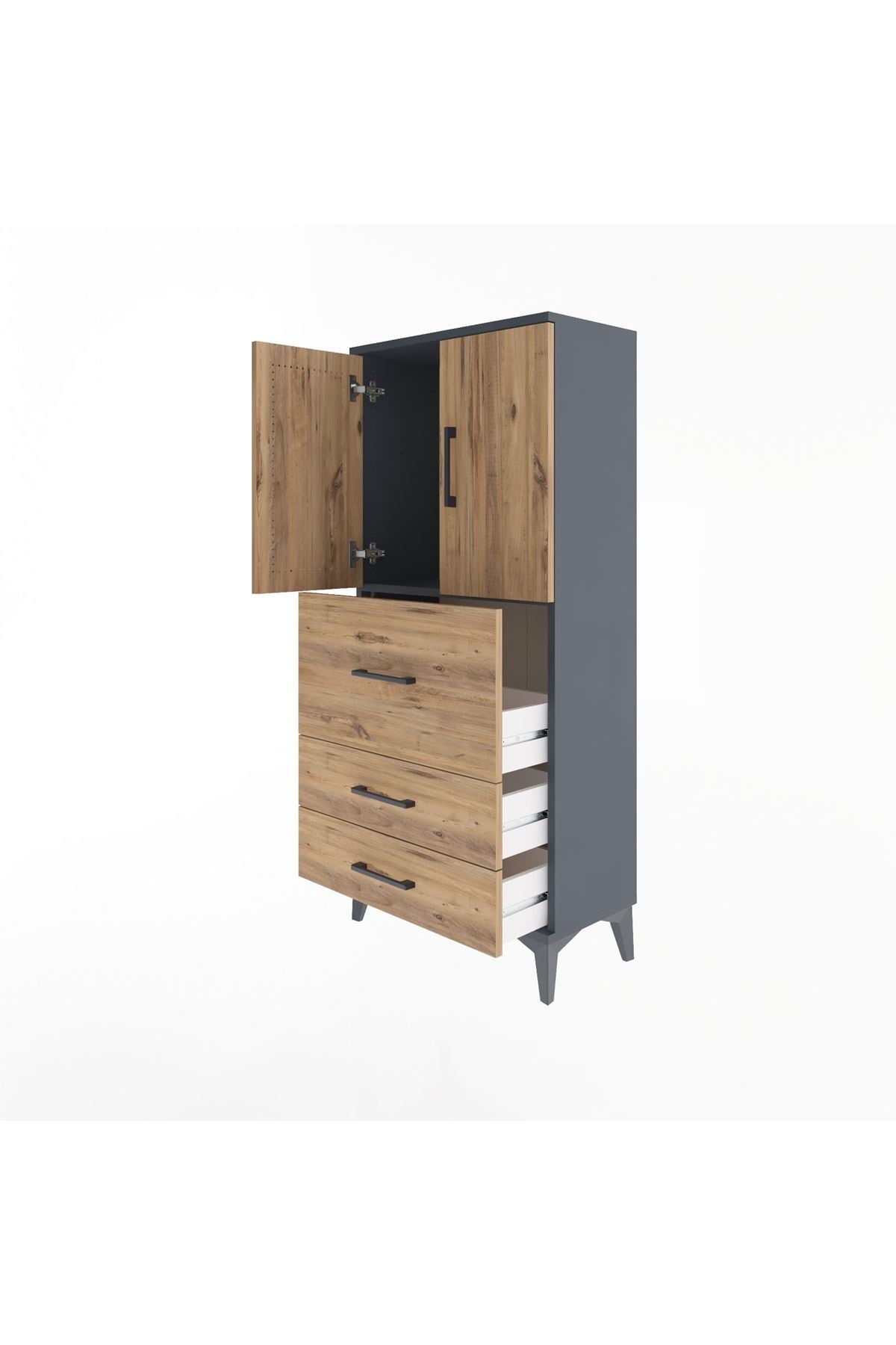 Arges Dolap Tek Raflı 3 Çekmeceli 2 Kapaklı 60x30x134 Antrasit-Çam