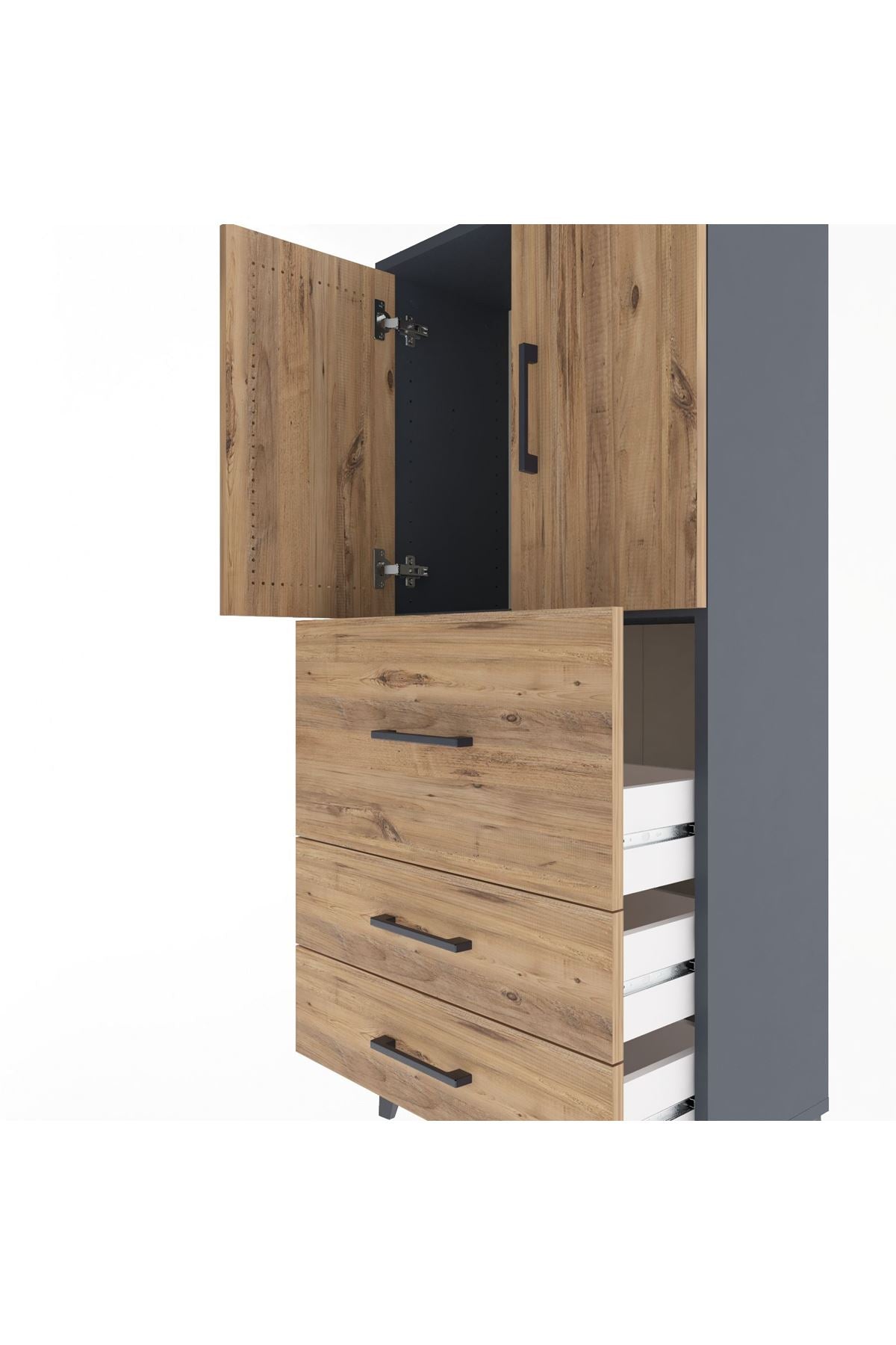 Arges Dolap Tek Raflı 3 Çekmeceli 2 Kapaklı 60x30x134 Antrasit-Çam