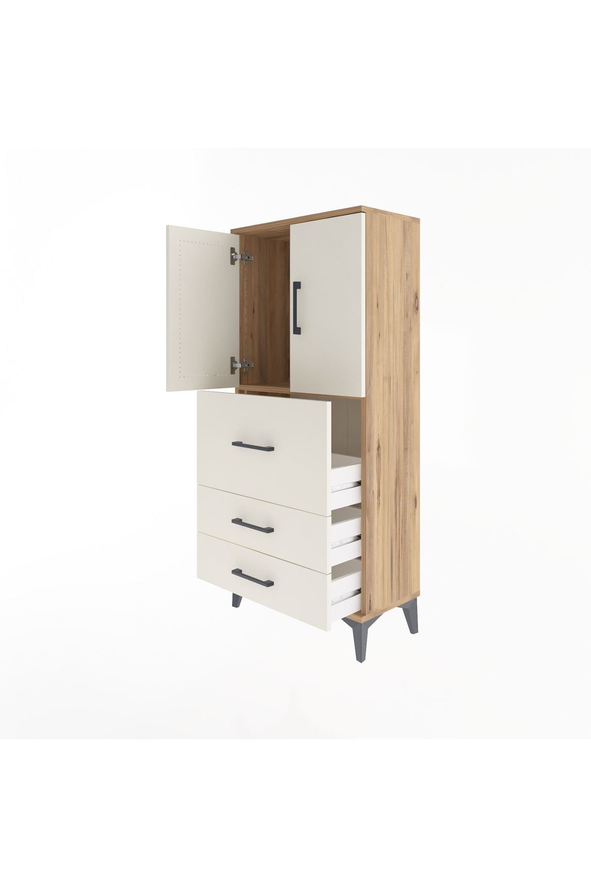 Arges Dolap Tek Raflı 3 Çekmeceli 2 Kapaklı 60x30x134 Çam-Aytaşı