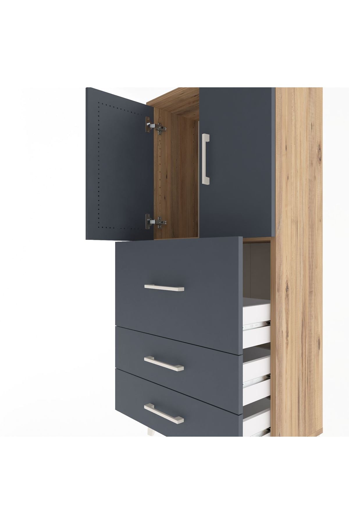 Arges Dolap Tek Raflı 3 Çekmeceli 2 Kapaklı 60x30x134 Çam-Antrasit