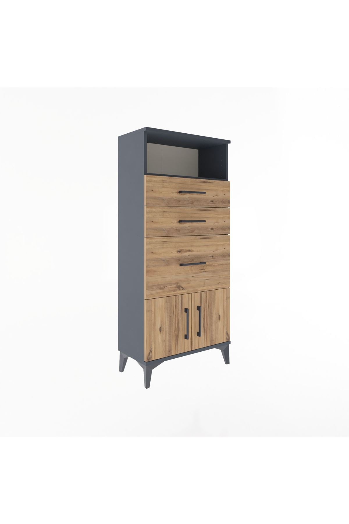 Arges Dolap Tek Raflı 3 Çekmeceli 2 Kapaklı 60x30x134 Antrasit-Çam