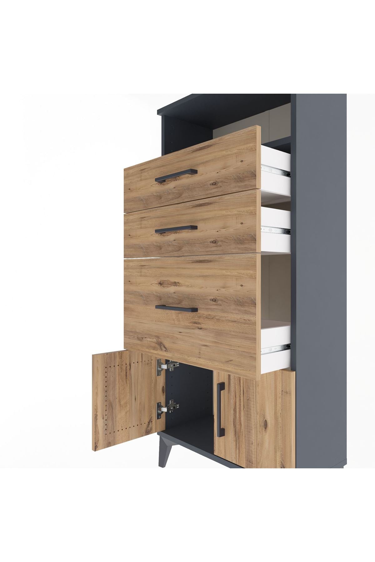 Arges Dolap Tek Raflı 3 Çekmeceli 2 Kapaklı 60x30x134 Antrasit-Çam