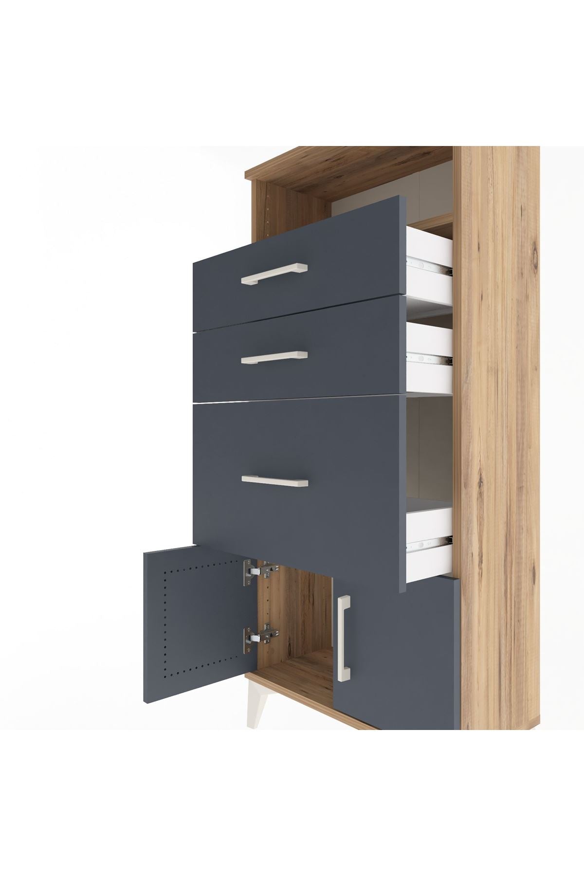 Arges Dolap Tek Raflı 3 Çekmeceli 2 Kapaklı 60x30x134 Çam-Antrasit