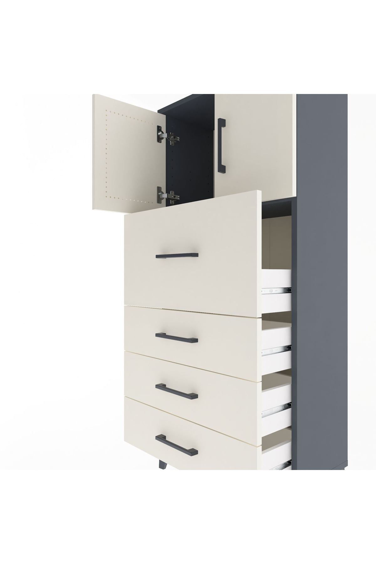 Arges Dolap Tek Raflı 4 Çekmeceli 2 Kapaklı 60x30x134 Antrasit-Aytaşı