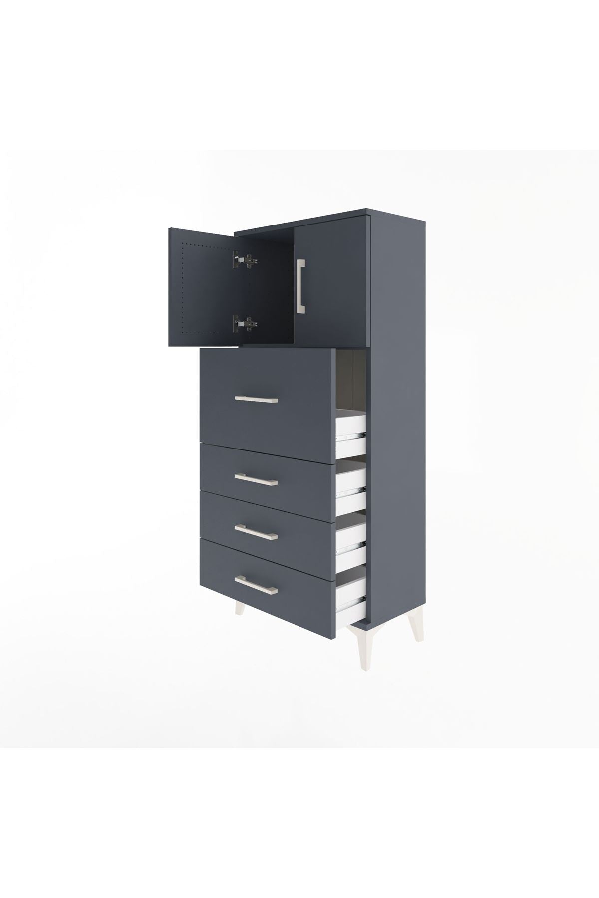 Arges Dolap Tek Raflı 4 Çekmeceli 2 Kapaklı 60x30x134 Antrasit-Antrasit