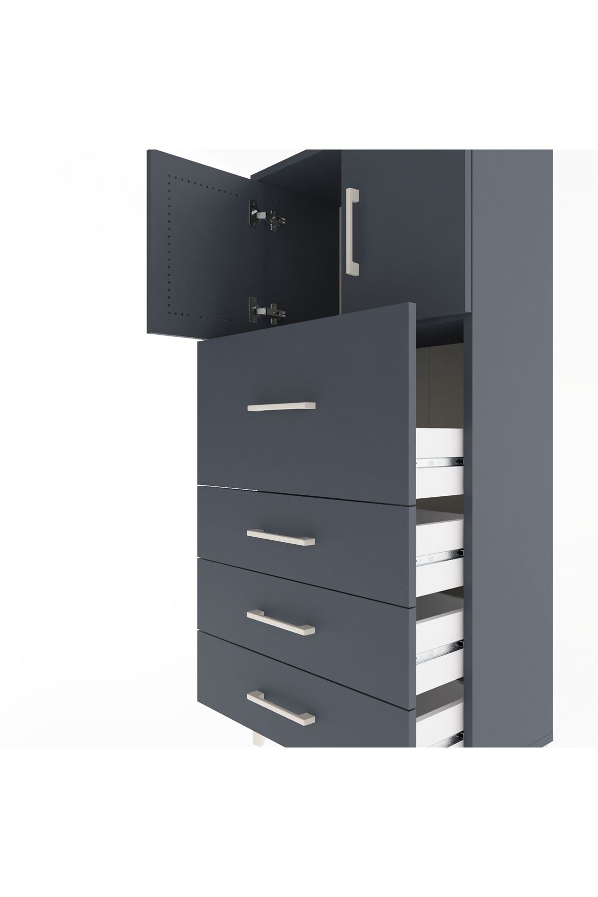 Arges Dolap Tek Raflı 4 Çekmeceli 2 Kapaklı 60x30x134 Antrasit-Antrasit