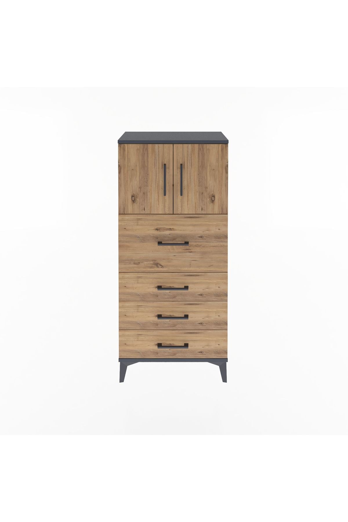 Arges Dolap Tek Raflı 4 Çekmeceli 2 Kapaklı 60x30x134 Antrasit-Çam