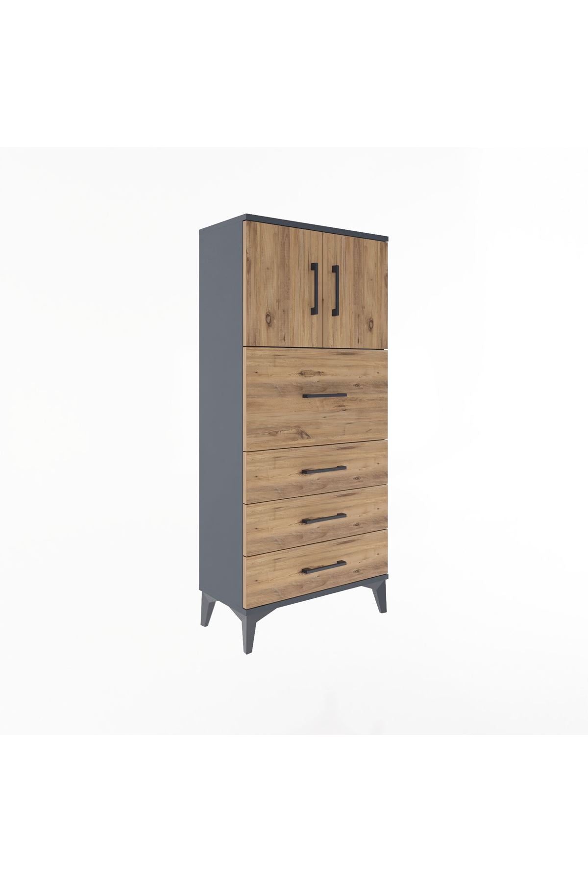 Arges Dolap Tek Raflı 4 Çekmeceli 2 Kapaklı 60x30x134 Antrasit-Çam