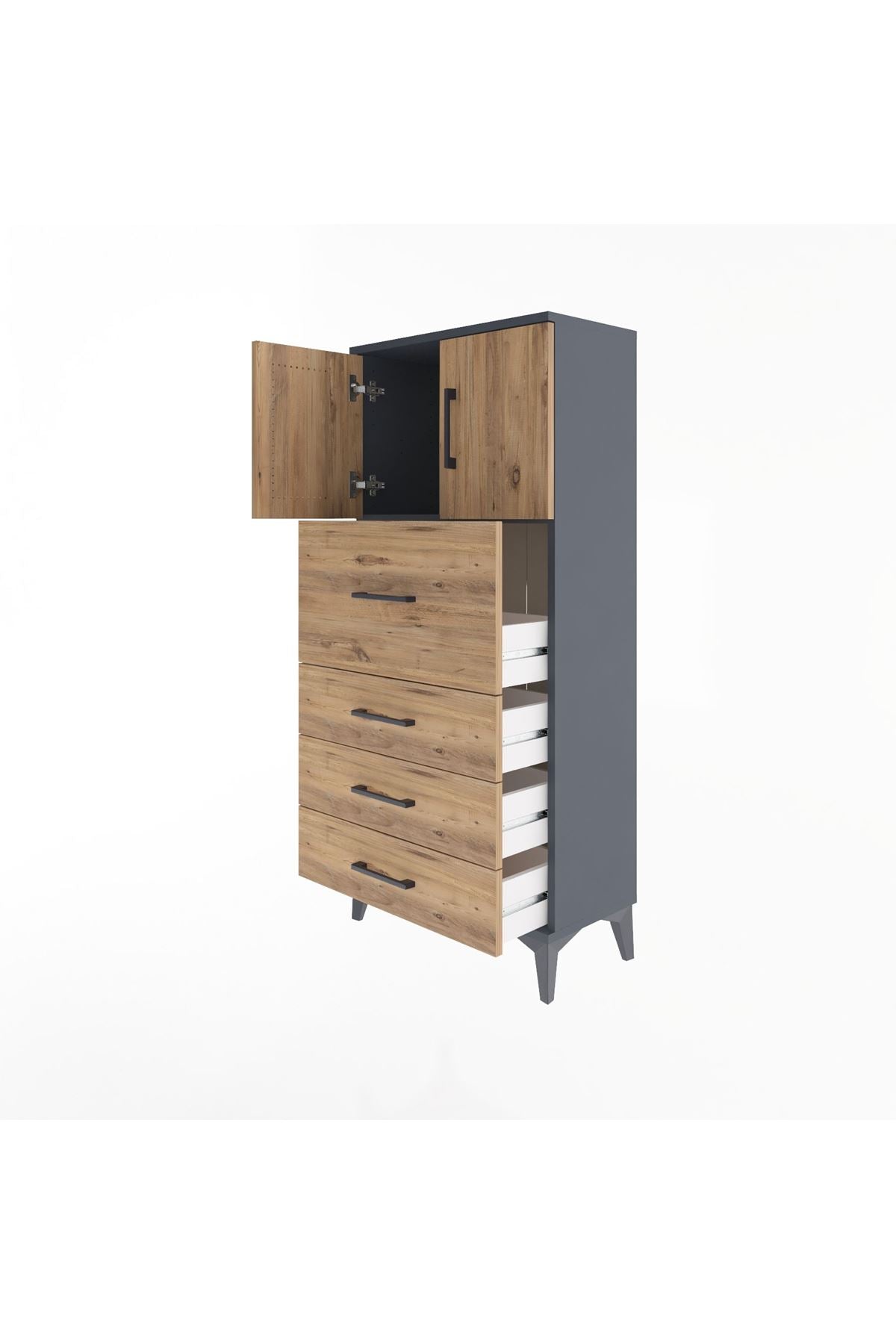 Arges Dolap Tek Raflı 4 Çekmeceli 2 Kapaklı 60x30x134 Antrasit-Çam