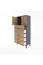 Arges Dolap Tek Raflı 4 Çekmeceli 2 Kapaklı 60x30x134 Antrasit-Çam