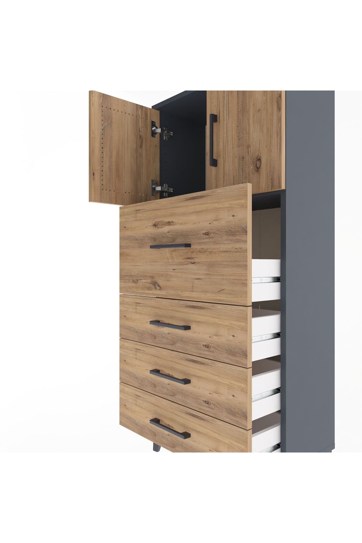 Arges Dolap Tek Raflı 4 Çekmeceli 2 Kapaklı 60x30x134 Antrasit-Çam