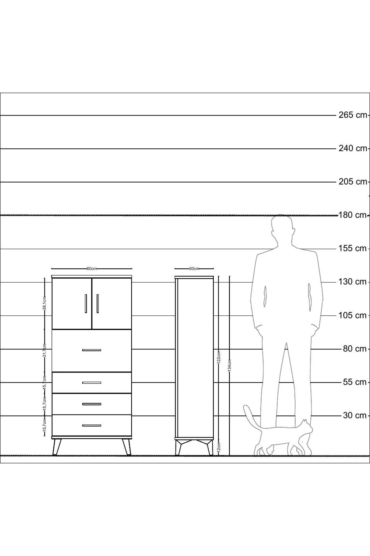 Arges Dolap Tek Raflı 4 Çekmeceli 2 Kapaklı 60x30x134 Çam-Antrasit