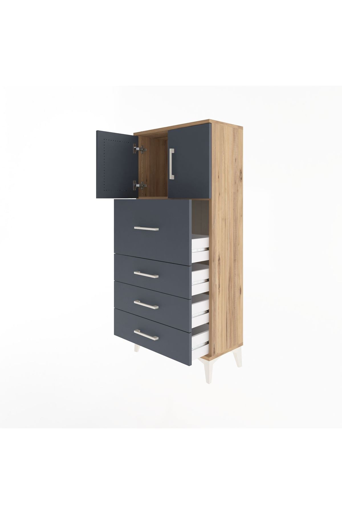 Arges Dolap Tek Raflı 4 Çekmeceli 2 Kapaklı 60x30x134 Çam-Antrasit