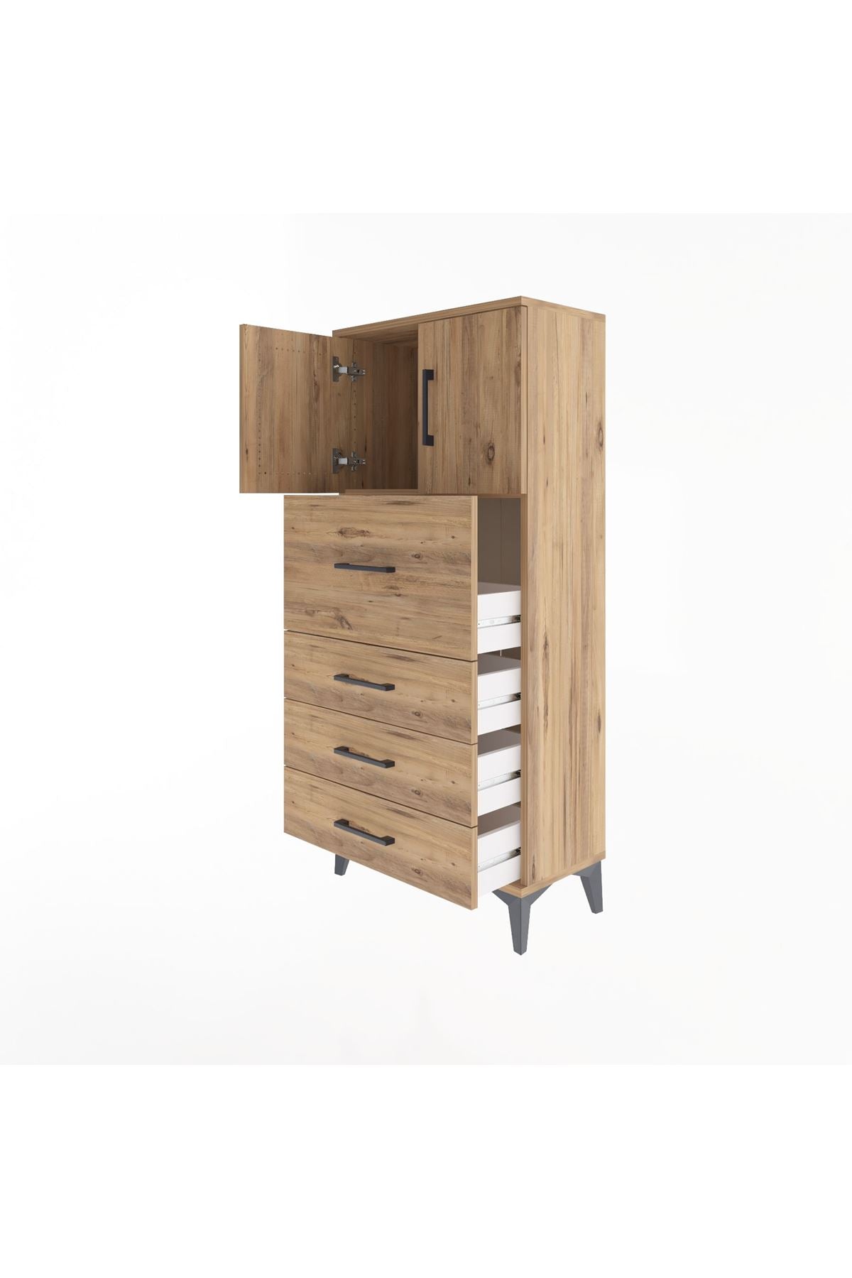 Arges Dolap Tek Raflı 4 Çekmeceli 2 Kapaklı 60x30x134 Çam-Çam